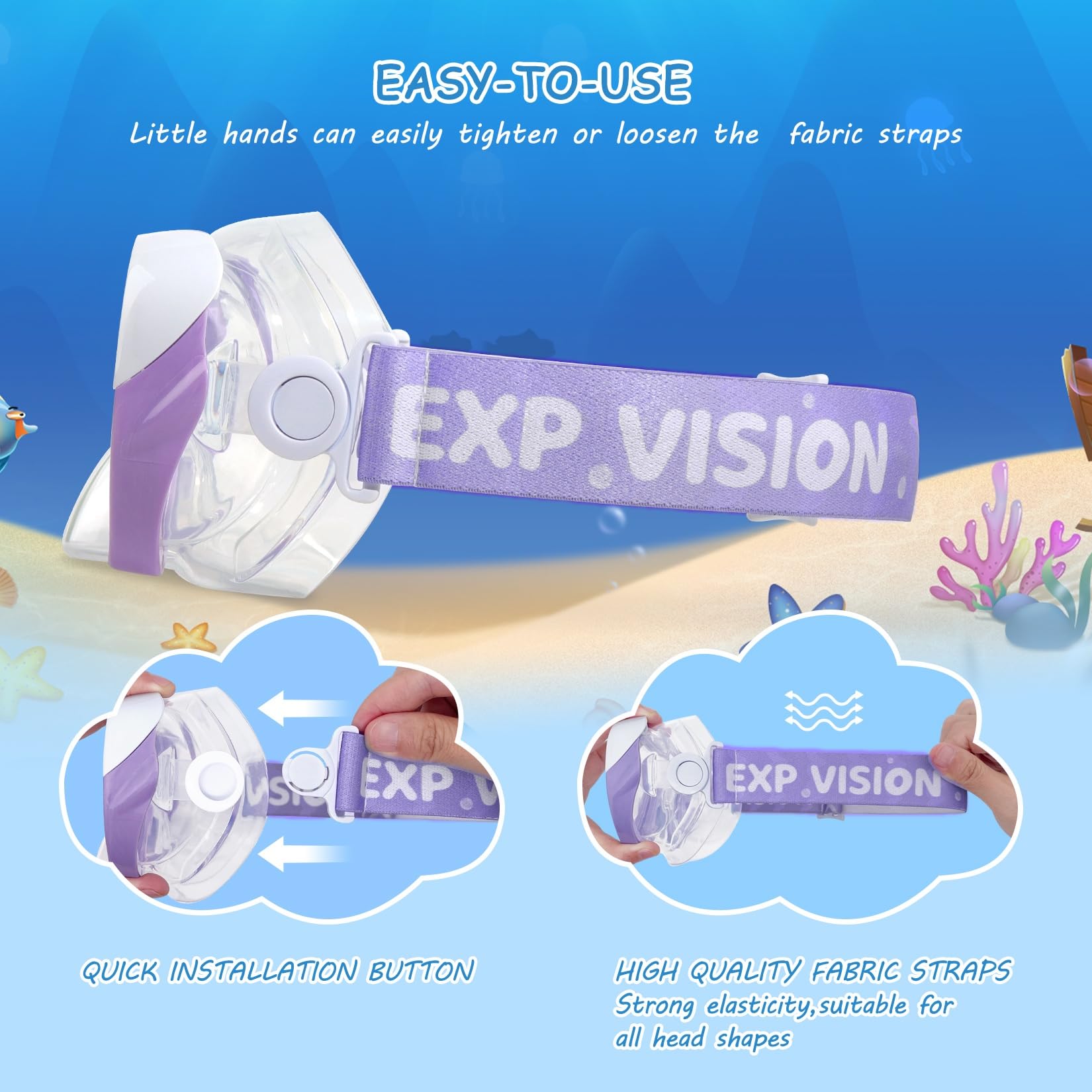 Máscara de natación para niños, gafas de natación de 180°, antivaho, a prueba de fugas, con cubierta para la nariz y correa de tela para niños de 4 a 14 años, para natación, esnórquel y buceo