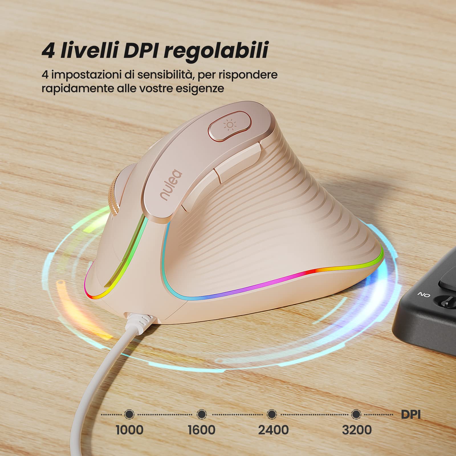 Nulea Mouse Verticale Cablato, Mouse Ottico Ergonomico USB Con 4 DPI Regolabili, 11 Modalità di Retroilluminazione RGB, Compatibile Con Laptop, PC, Desktop, Mac, Rosa