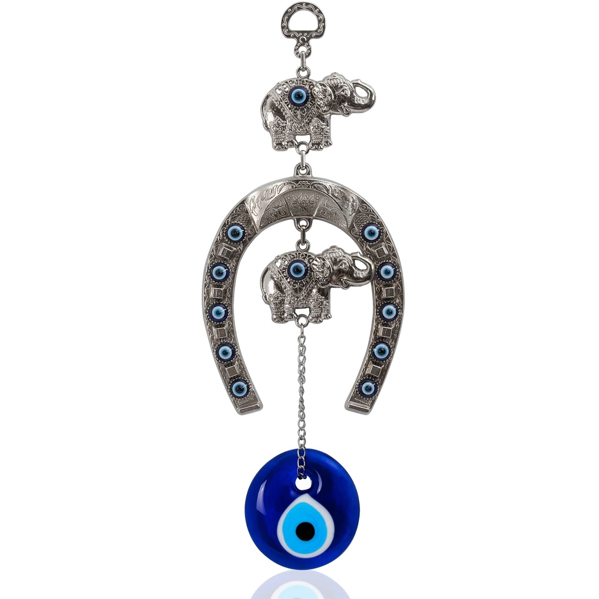 Evil Eye Wall Decor 3.7''W x 10.2''L Metal - Glass Turkish Greek Nazar Amulet Good Luck & Protection Charm - Handmade Hanging Ornament for Home,Office, Door - Ojo Turco