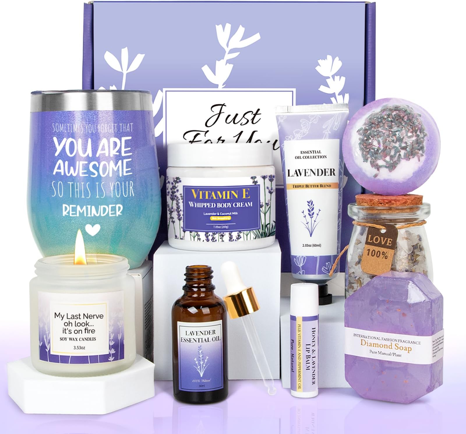 Lavender Gifts for Women - Care Package Relaxing Gifts - Lavender Spa Gifts Set, Self Care Gift for Women, Gift Baskets for Women Her Friend Sister Mom Wife, Christmas Lavender Gift Basket Ideas