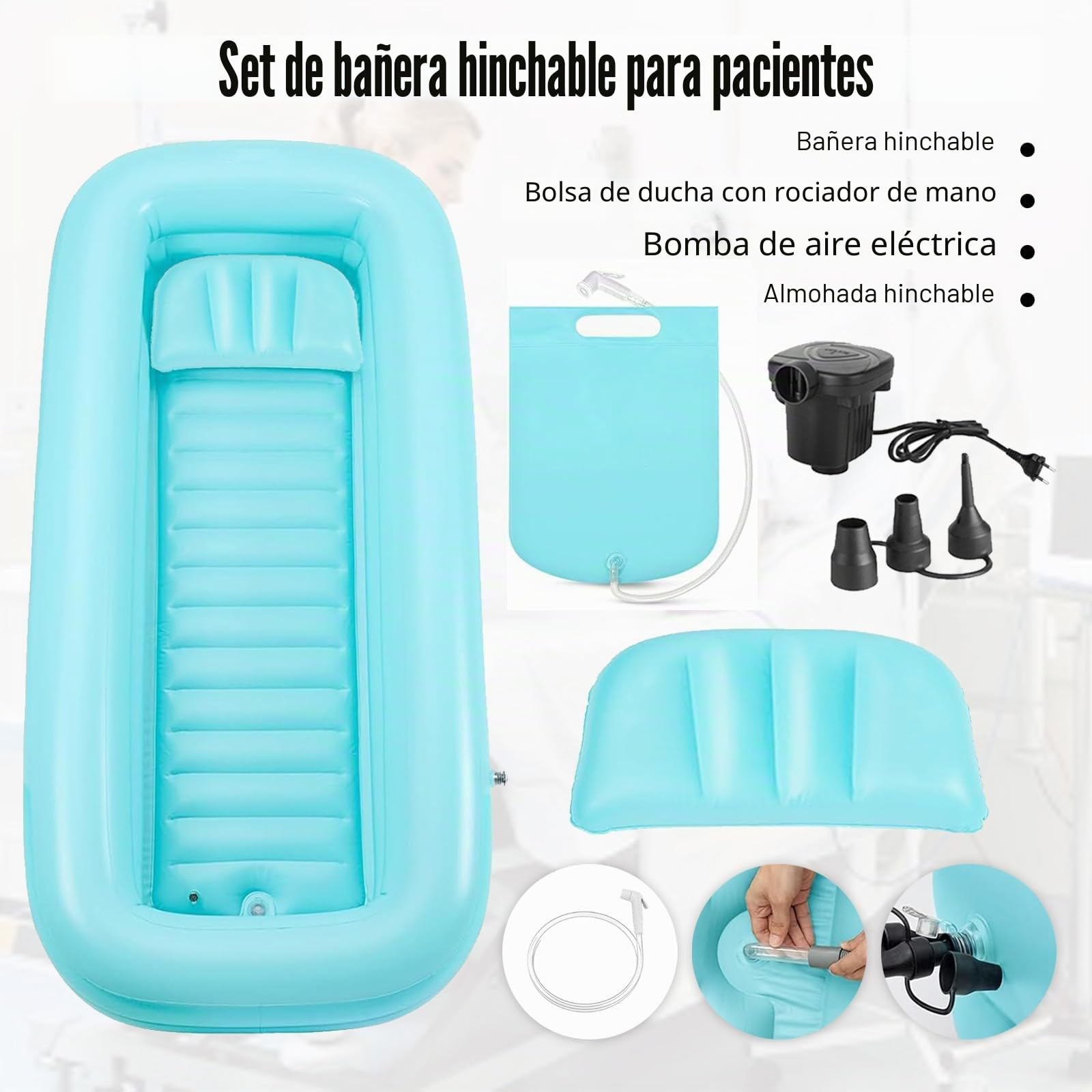 Bañera Inflable Bañera Ducha con Bolsa de Agua y Bomba de Aire para Discapacitados, Herramientas de Baño en la Cama Herramientas para Mesita de Noche Bañera Sistema de Ducha Portátil en Cama