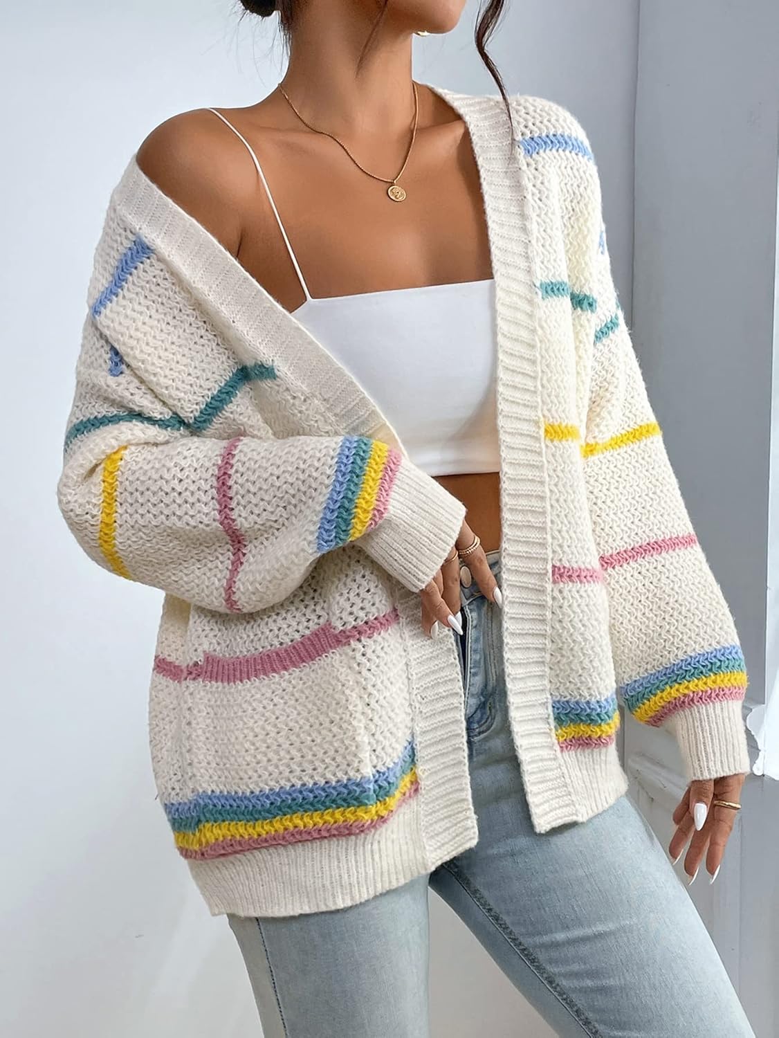 SHENHE Women's Open Front Colorful Striped Drop Shoulder Oversized Cardigan Sweater - Image 4