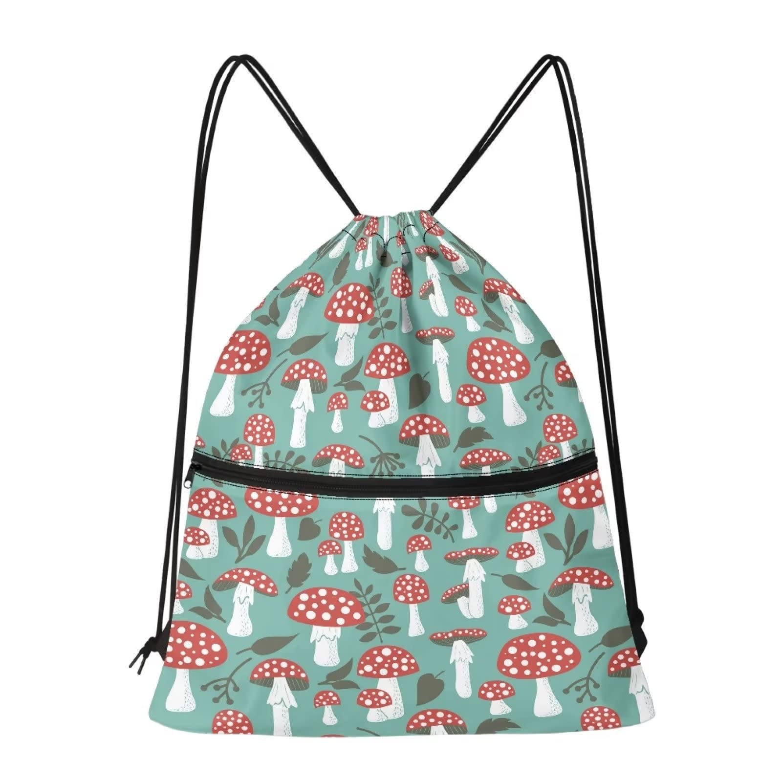 Dolyues Cartoon Mushroom Drawstring Bags, Green, for Kid Water Resistant String Swimming Bag School Dance Sport Sackpack with Zipper Large Shoes Daypack