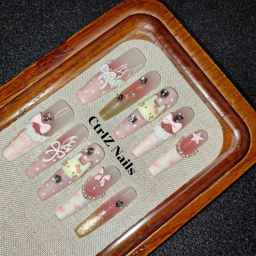 CtrlZ 3D Handmade Luxury Coffin Press On Nails – 3D Cat Kawaii Pink Sweetheart Design, Reusable Fake Nails, Size M