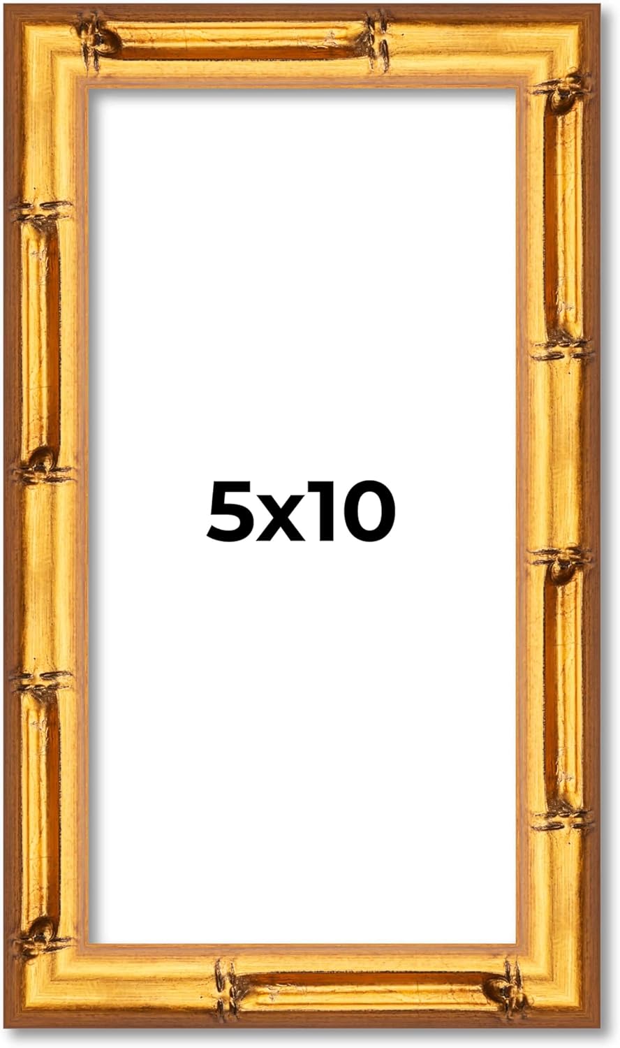 5x10 Frame Gold Bamboo Solid Wood Picture Frame | 1 Inch Moulding Width | Interior Frame Depth 0.75 Inches | Complete with UV Acrylic Plexiglass, Foam Board Backing & Hanging Hardware