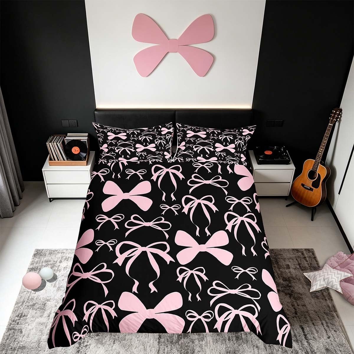 Homemissing Bowknot Duvet Cover Set for Kids Boys Girls Cot Size Black Pink Bow Bedding Set for Women Kawaii Bow Duvet Cover with 1 Pillowcase Cute Bowknot Bedding