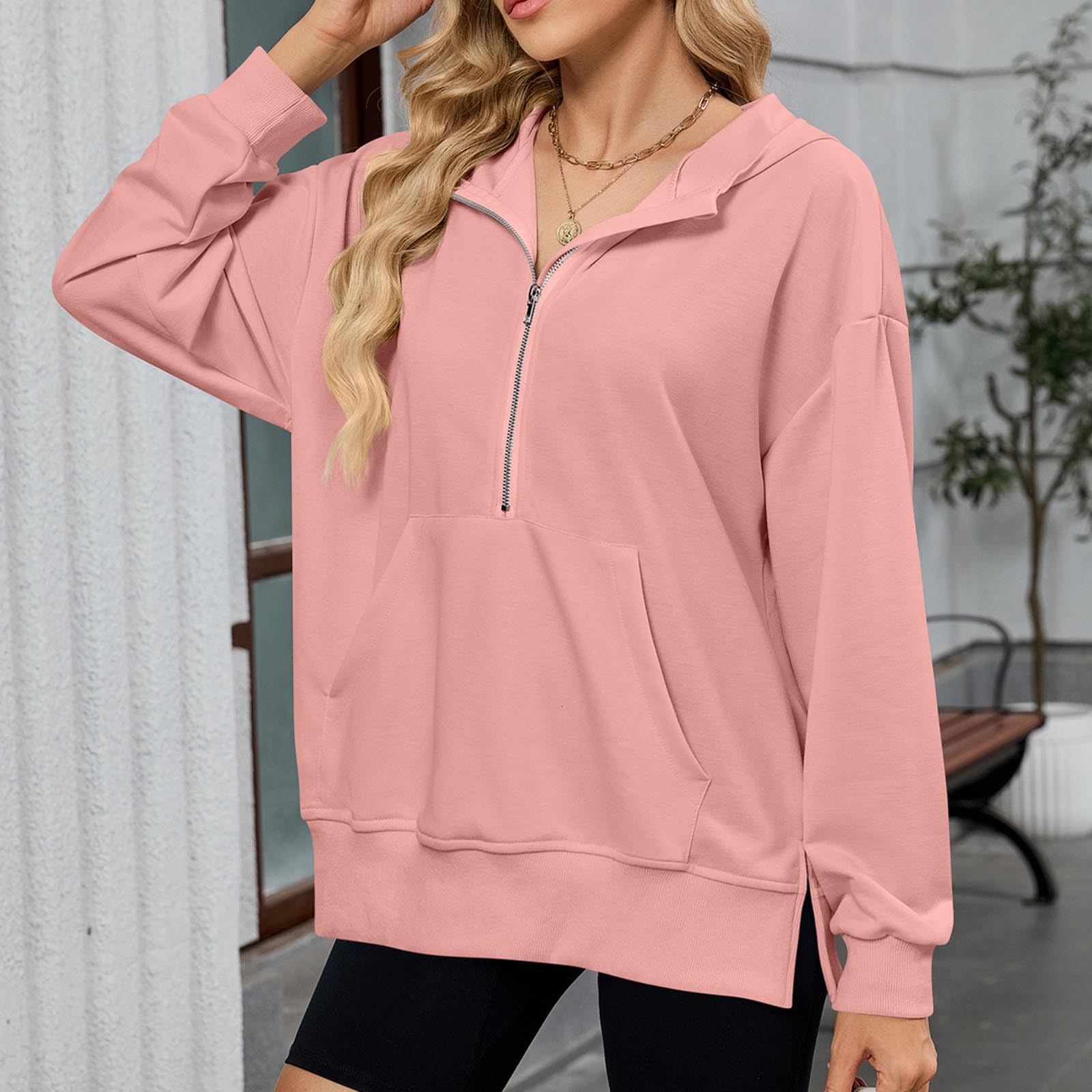 Hoodie Damen Oversize Pullover mit Halbreißverschluss und Taschen Kapuzenpullover Casual Weich Langarmshirt Einfarbig Loose Fit Kapuzenpulli Fashion Bequem Sweatshirt Klassische Oberteil S-XXL