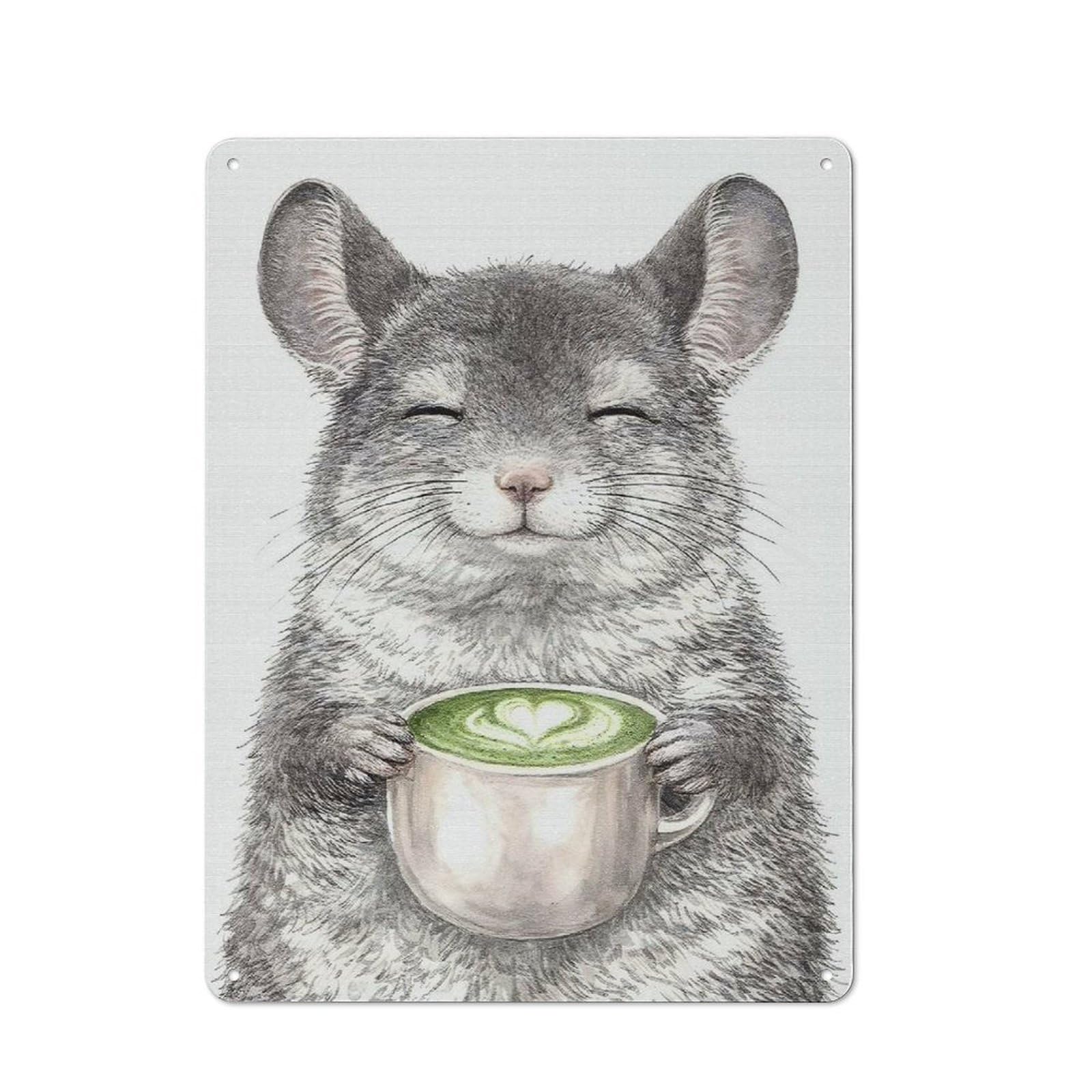 Old Style Chinchilla Enjoying Matcha Latte Metal Sign 40x30cm, Bar Wall Plaque for Diner, Restaurant, Shed Or Kitchen