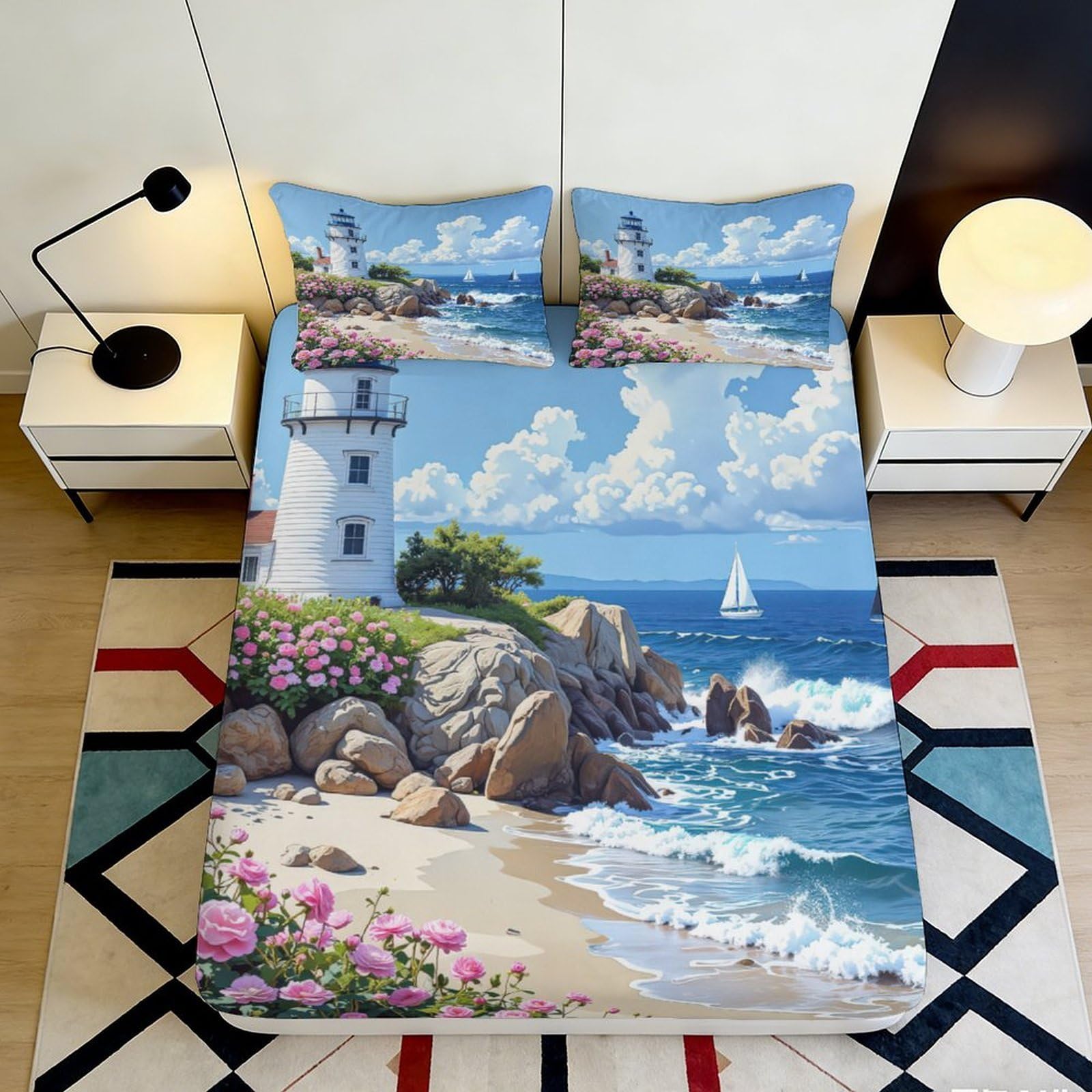 3D Printed Seaside Lighthouse Fitted Sheet Microfiber Deep Pocket Full Wrap Non-Slip Bedroom Bedding Seascape Mattress Fitted Cover Washable 90x200x25cm