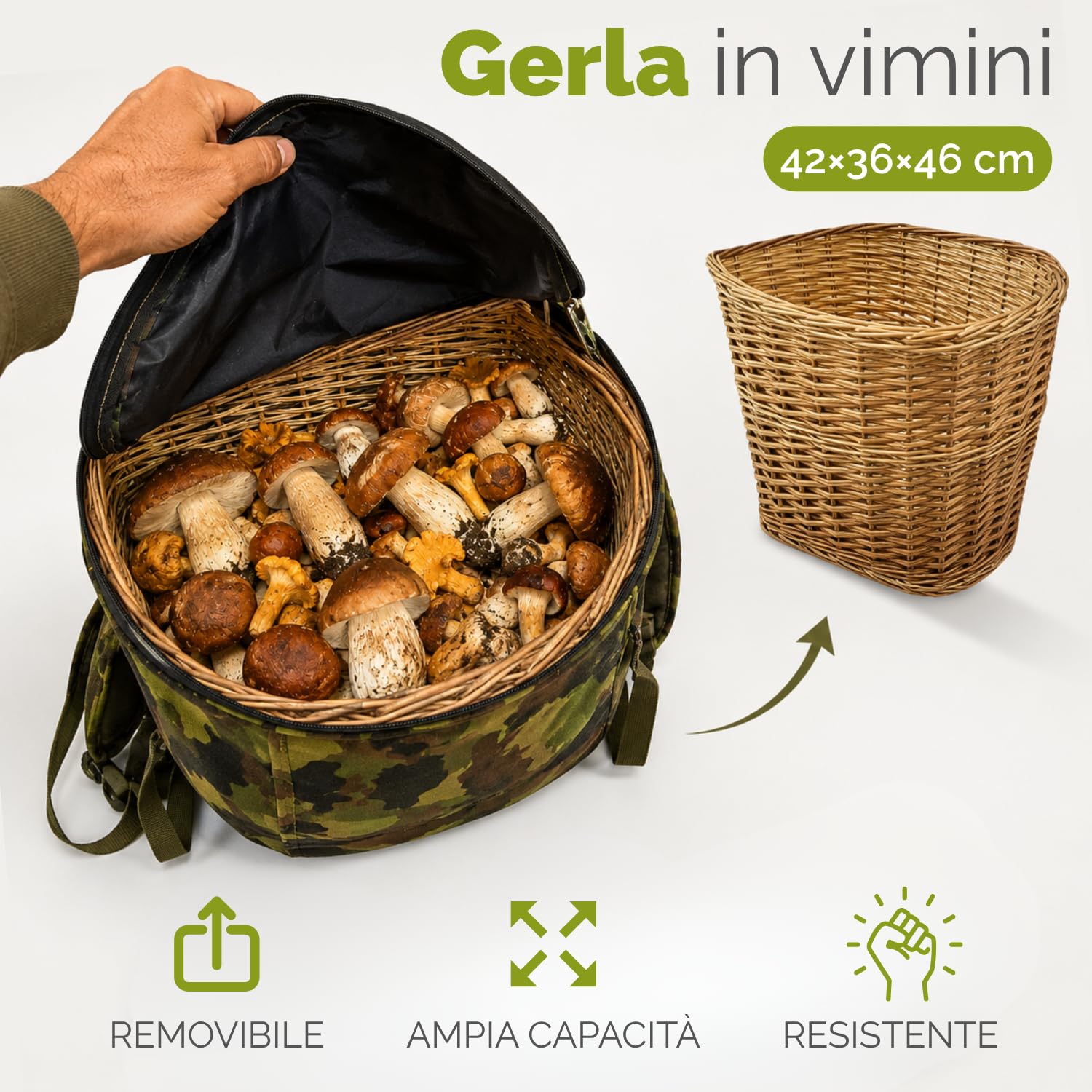 PALUPLUS Zaino con Cesta per Raccolta Funghi color Verde Mimetico, Misura 42x36x46 cm, Tasca Portaoggetti, Schienale con Cuscino Imbottito, Chiusura a Cerniera e Spallacci Regolabili -8599F -2,2