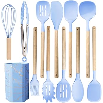 K chenhelfer Set12 St ck Silikon Kochutensilien Kochbesteck SetHitzebest ndiger Kochgeschirr mit UtensilienhalterAntihaft Kochset K chenutensilien Sp lmaschinengeeignet BlauA