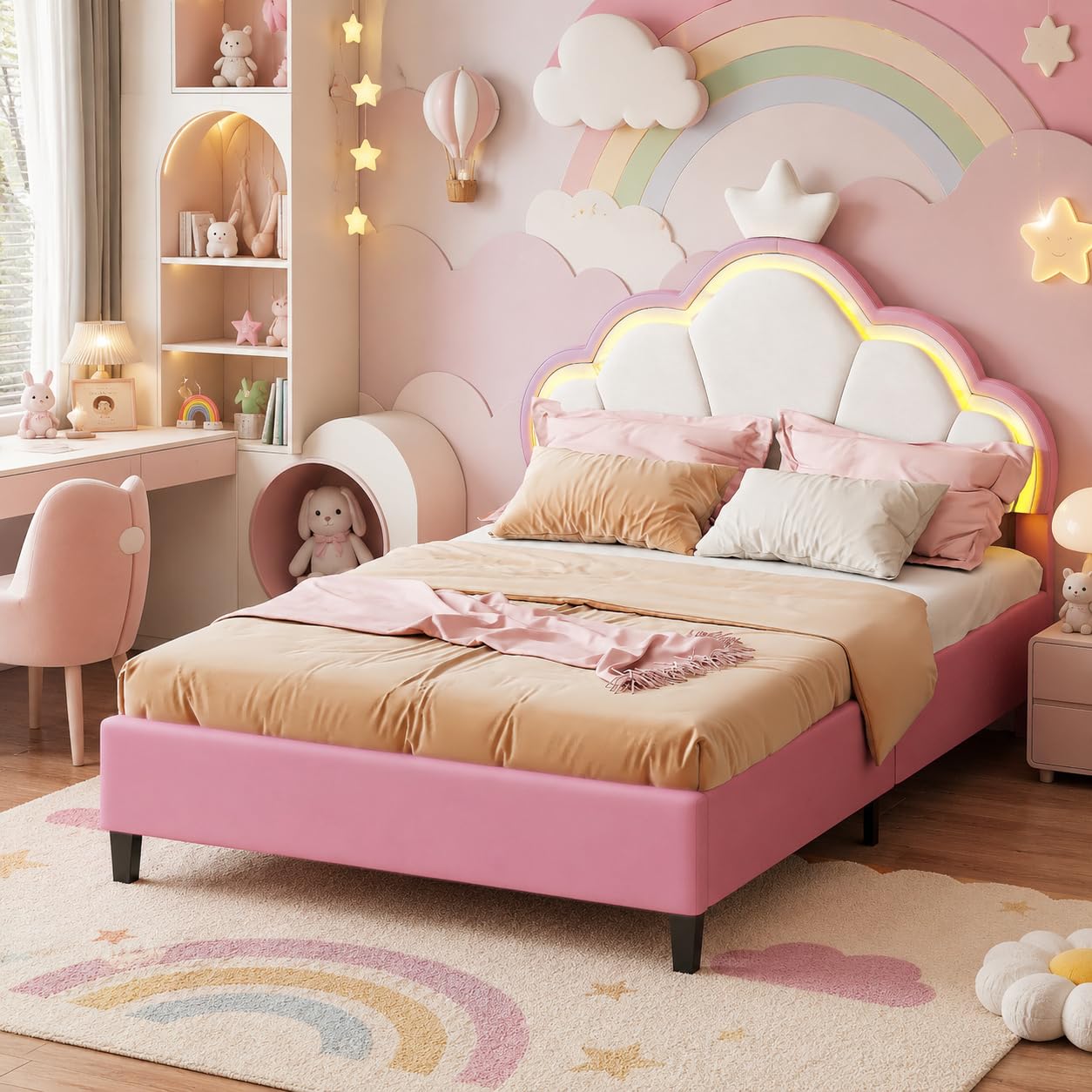 OLIVIBED 3ft Single Bed Frame, Upholstered Bed with Adjustable Crown Shape Headboard, Modern Girls Bed Suitable for Children, Sturdy Metal & Wood Slats, Flannel, White and Pink, 90x190cm, No Mattress