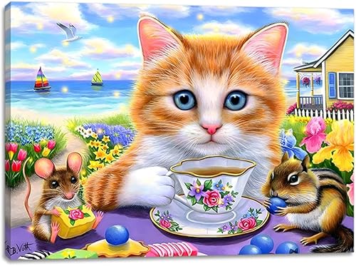 Cat Tea Time, lienzo iluminado para pared, 16 x 12 pulgadas con temporizador, diseño de lienzo LED para pared, obra de arte moderna para sala de