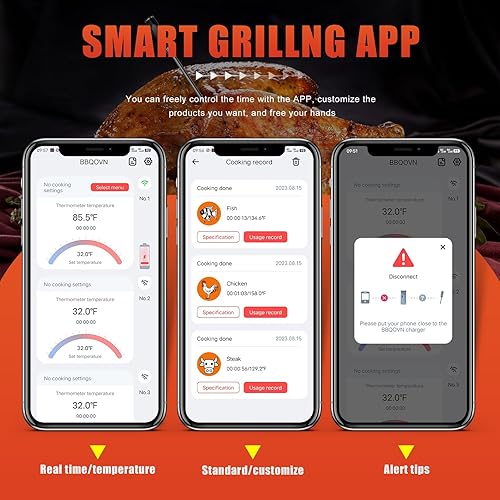 Miniatura 5 de Termómetro inalámbrico para carne, rango remoto Bluetooth de 777 pies, sonda de termómetro de carne ultrafina de 0.154 in, lectura instantánea de