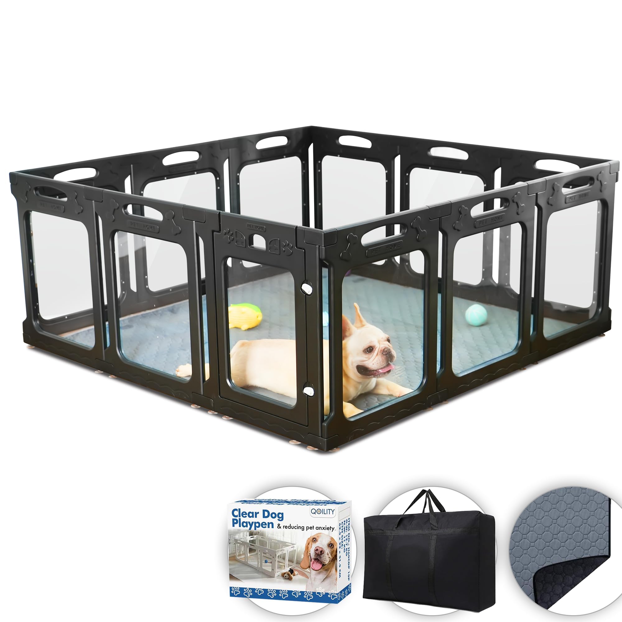 Qoility Clear Acrylic Dog Playpen with Door for Puppies & Small Dogs, 12Panels, 24" H, Black