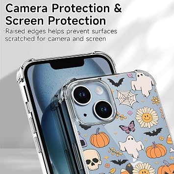 Clear Case for iPhone 14 Plus Halloween Kids Pumpkin, Slim Bumper Ghost Designs Girls Mobile Cover Shockproof Protector Girls Bat Phone Case for iPhone 14 Plus