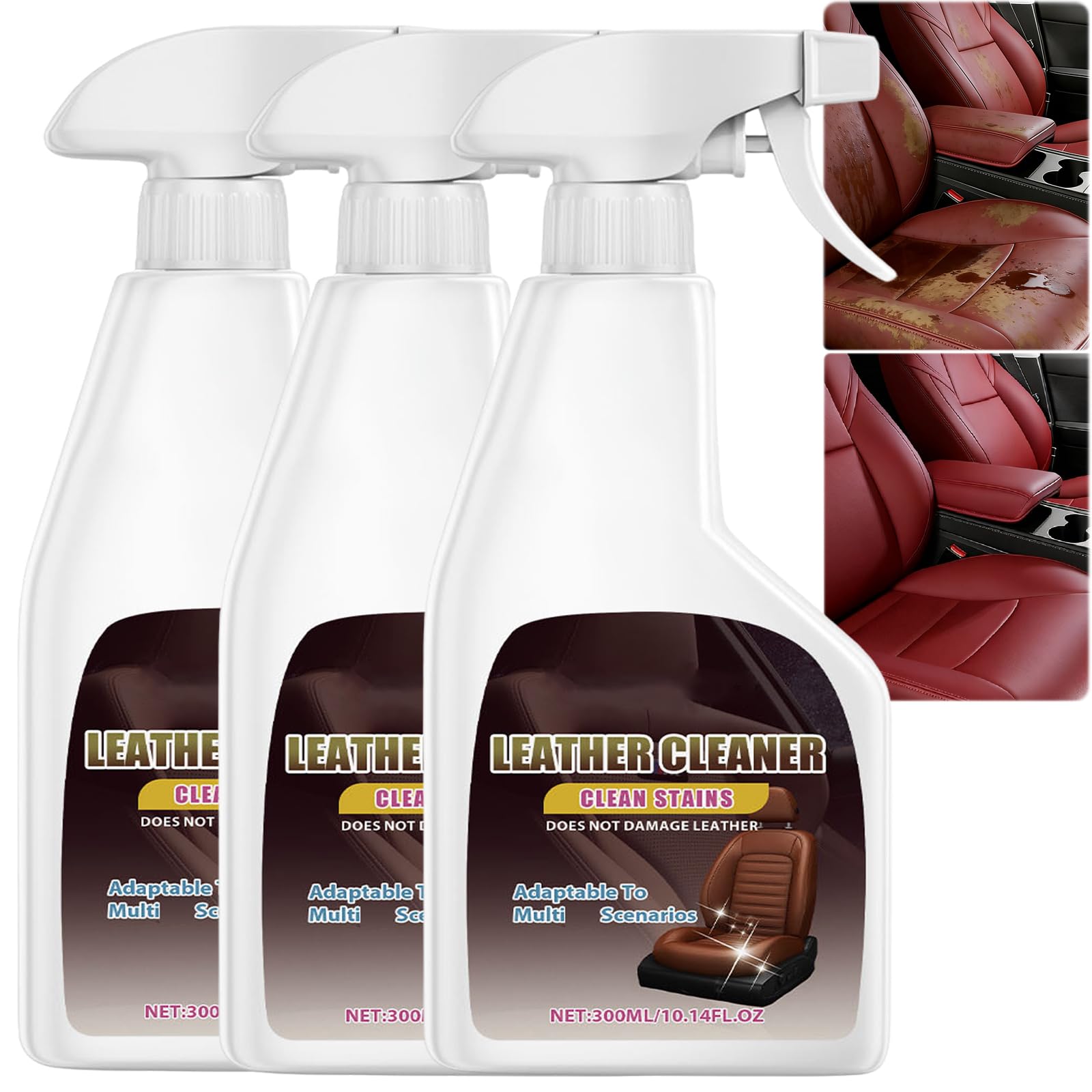 Auto-Lederreiniger- und Pflegeset, Multifunktionaler Schaumreiniger und Pflegemittel für den Autoinnenraum, Lederpflege für Autositze, Sofas & Möbel, Stellt Glanz wieder her & schützt, 300 ml (3pcs)