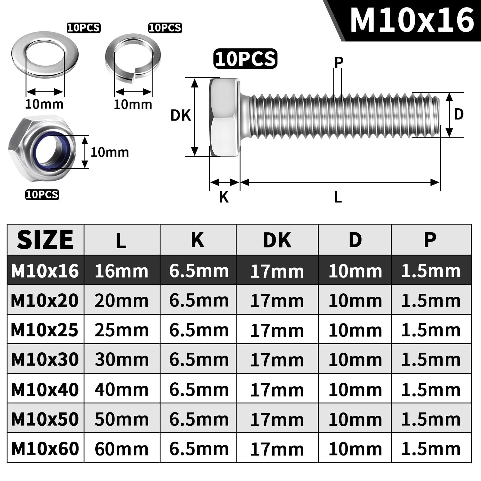 Mbsomnus 10 Pcs Hex Head Bolts and Nuts Set M10x16 mm Lock Nuts 304 Stainless Steel Bolts DIN 933 Machine Screws with Nylon Nut Flat Lock Washers for Furniture Machinery Car Bike Ship 3D Printing - Image 2