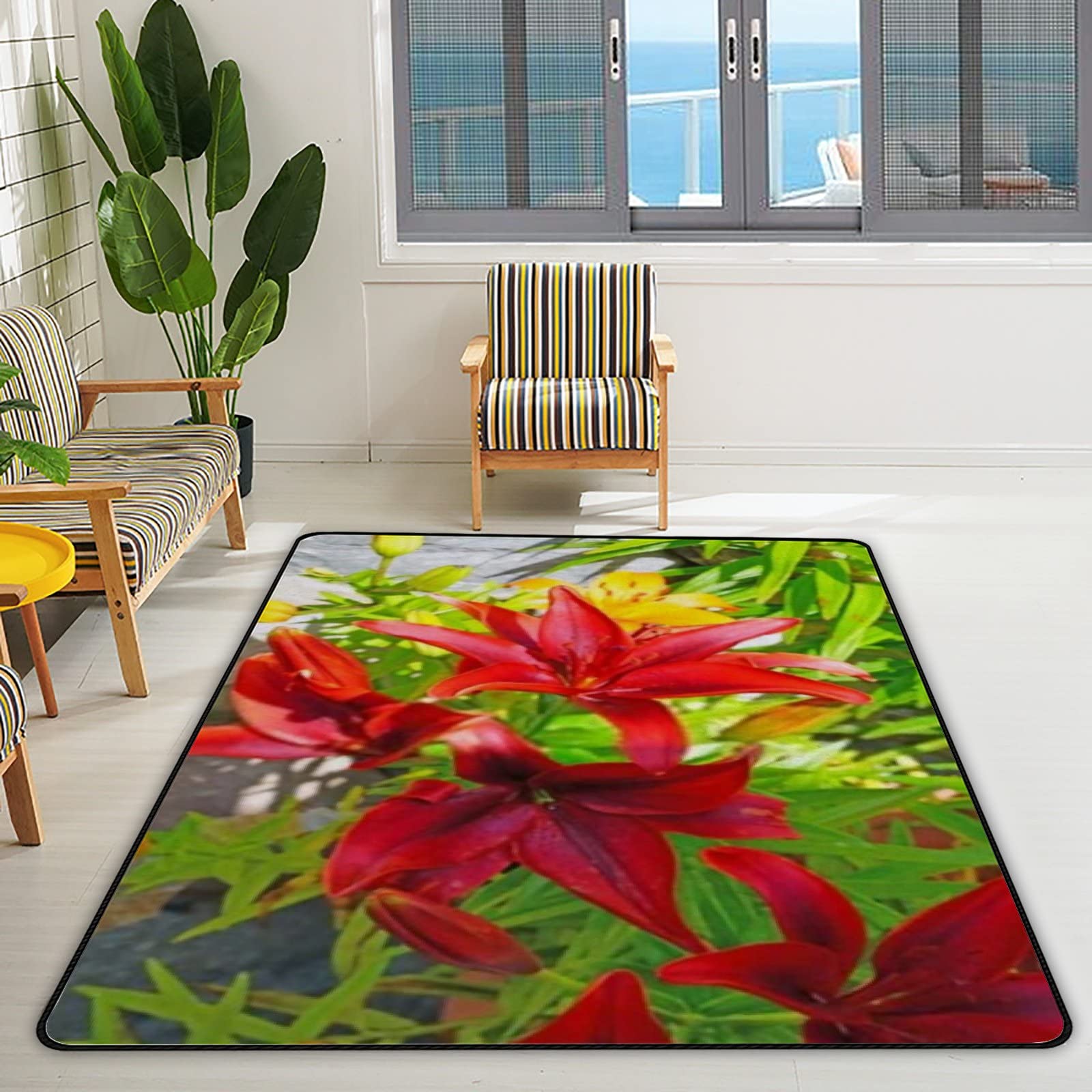 Area Rugs Mat for Living Room Red Yellow Asiatic Lily Flower Non-Slip Indoor Carpet Floor Ultra Soft Area Rug Kid Bedroom Dining Home Decor Large Size,60 x 39 Inch