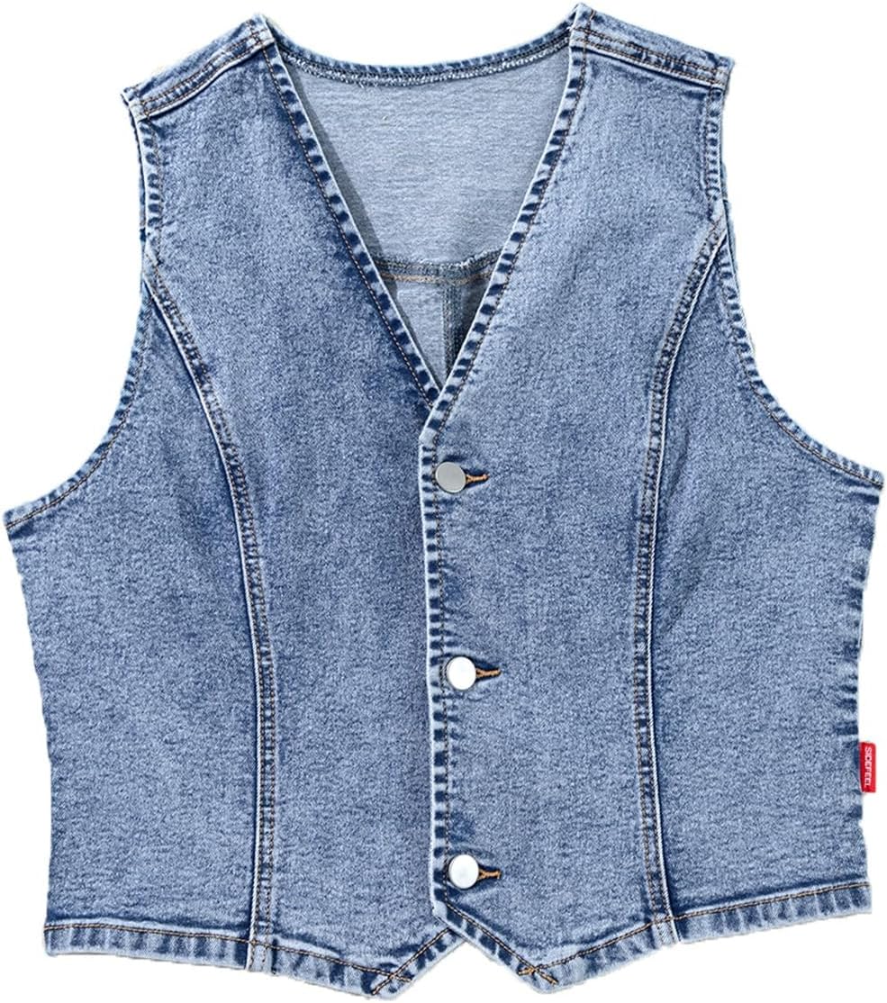 Sidefeel Women's Denim Vest Sleeveless V Neck Zimbaplatinum Jean Vest Top Button Down Crop Waistcoat Vest Summer Outfit - Image 9