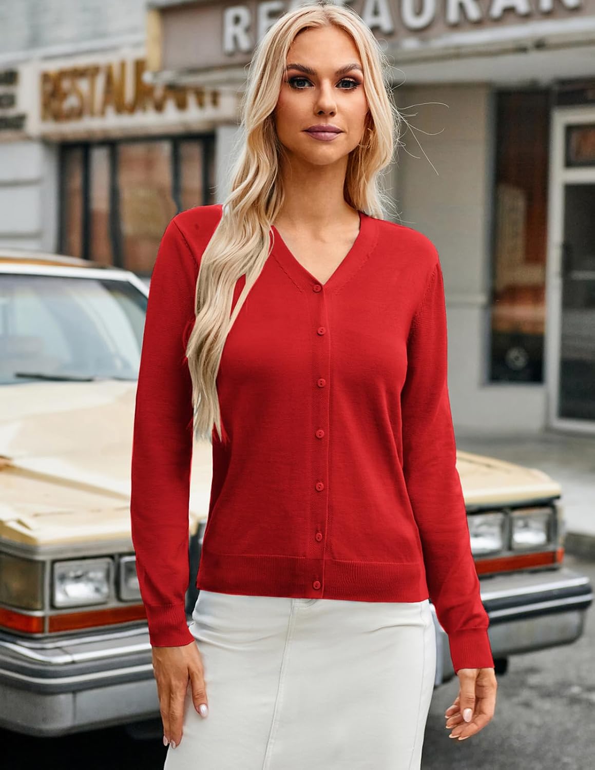 GRACE KARIN Women's Long Sleeve Button Down Vee Neck Classic Sweater Knit Cardigan - Image 3