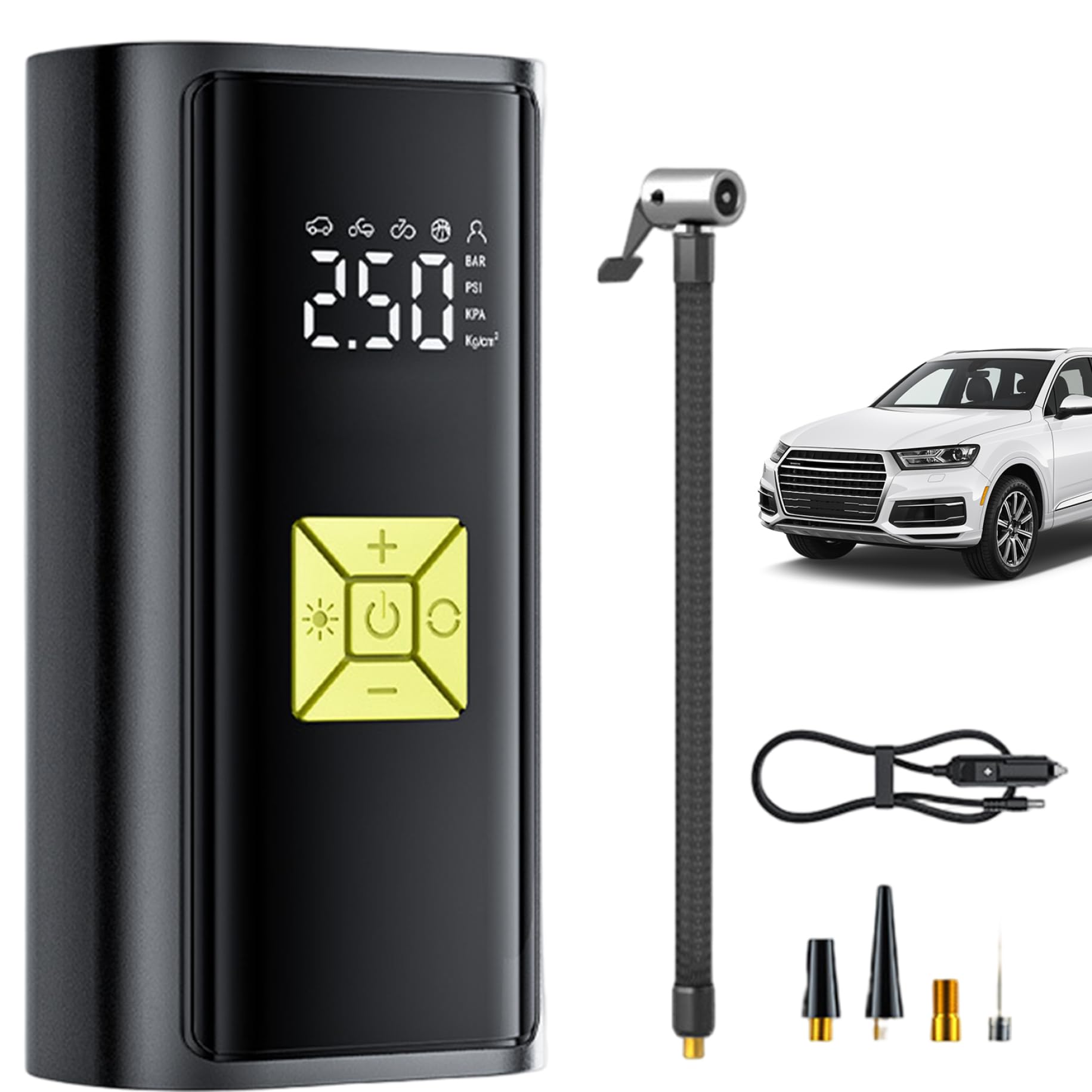 Compresor de aire portátil, inflador de neumáticos con pantalla digital de 150 PSI y manómetro, bomba para neumáticos de coche con luz LED para coches, motos, bicicletas y pelotas, color negro