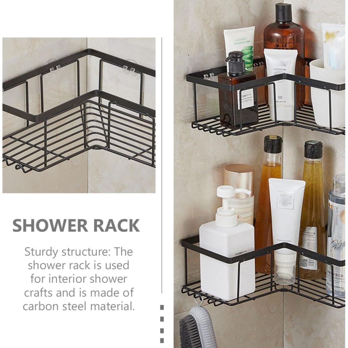 Organizadores de Ducha Negro de Esquina de Acero al Carbono Adhesivo Fuerte sin Taladro 2 Piezas, Estantes en Forma de L para Baño para Jabón y Accesorios