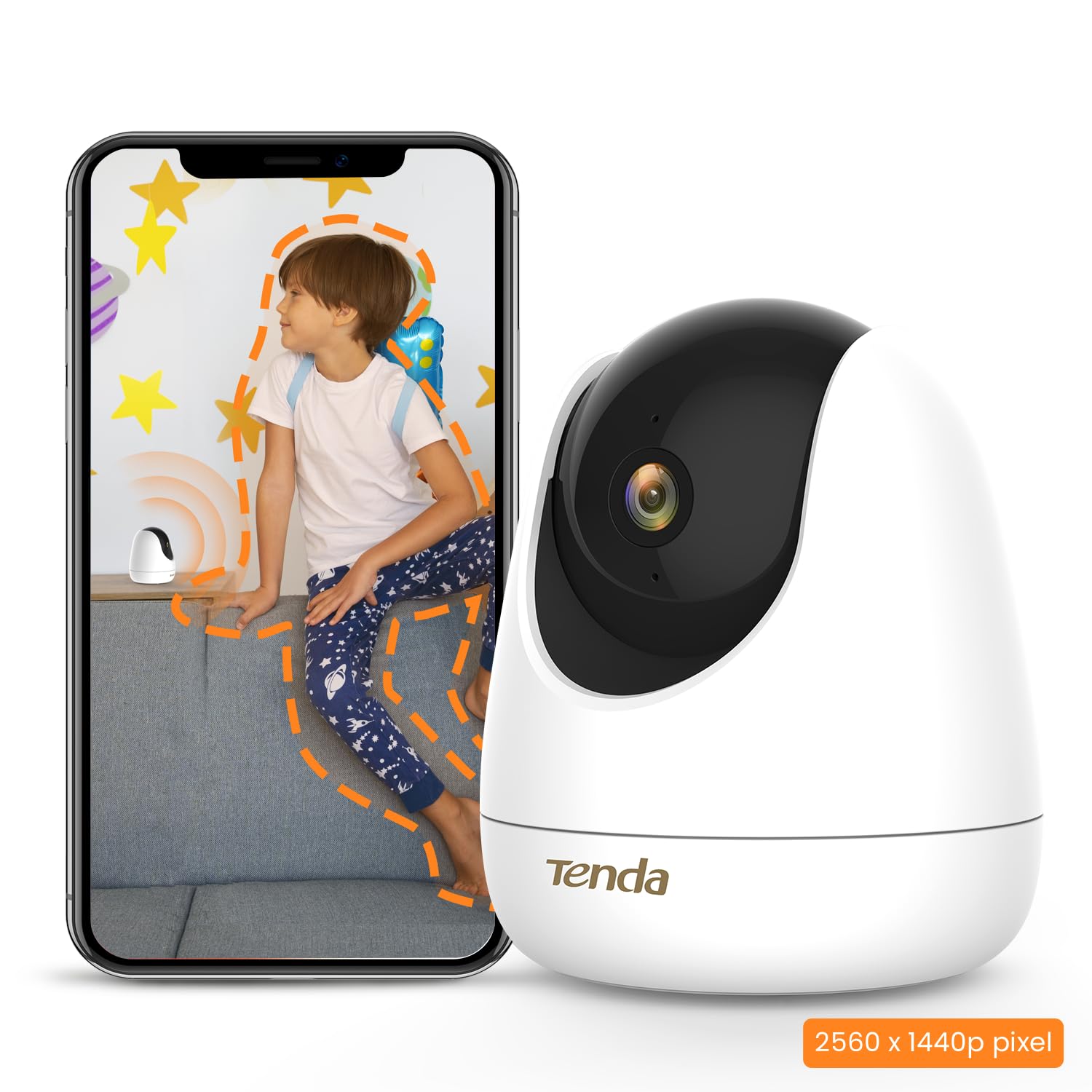 Tenda CP7 Caméra IP Surveillance WiFi, Caméra Bébé, Caméra de Sécurité 4MP HD, Vision Nocturne, Détection de Mouvement, Audio Bidirectionnel Pan/Tilt, 2,4GHz, Enregistrement SD et Cloud Blanc
