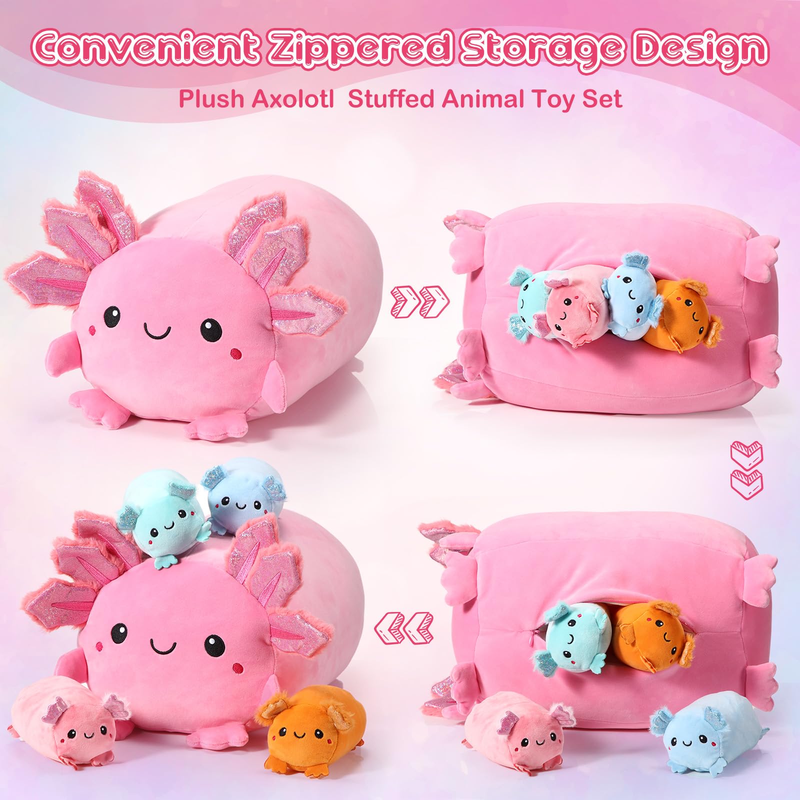 Set 5 Axolotls Peluche - Maman 60cm + 4 Bébés - Coton Doux - Cadeau Enfant - Bleu/Rose/Vert/Jaune