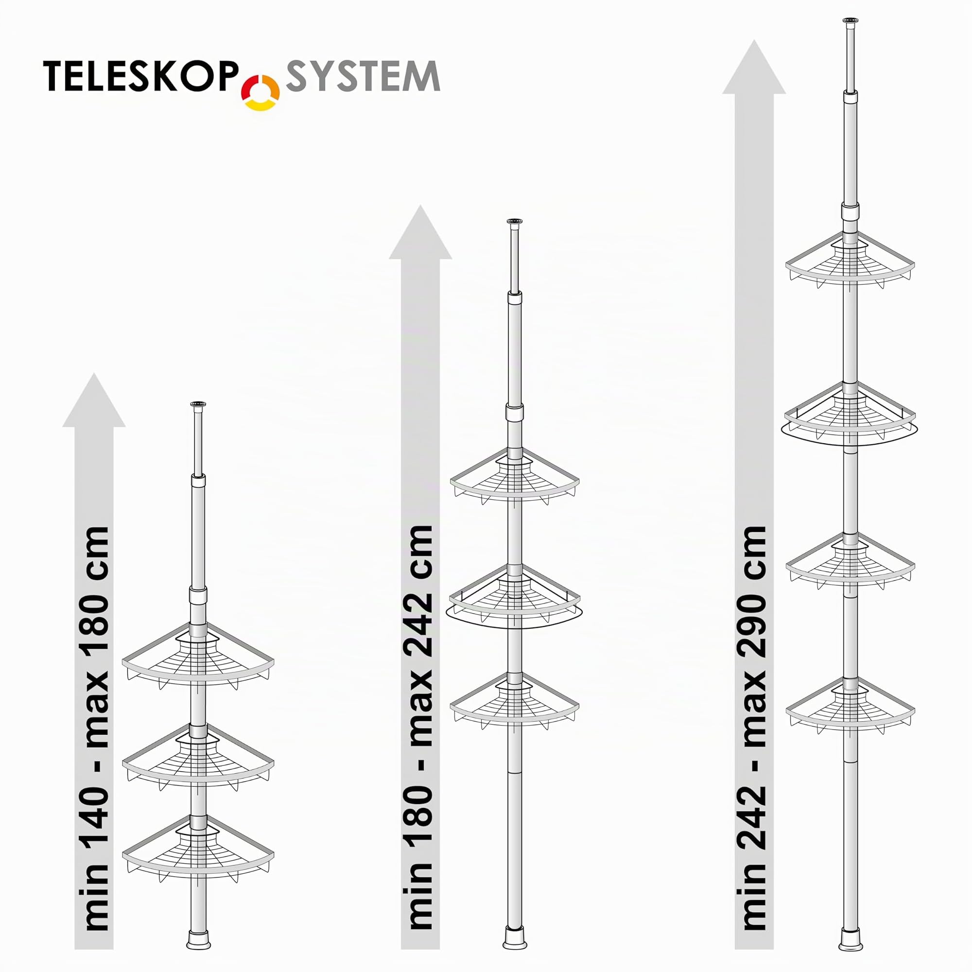 bremermann Teleskop-Eckregal, 4 Körbe, Teleskop-Stange bis max. ca. 290 cm (Weiß)