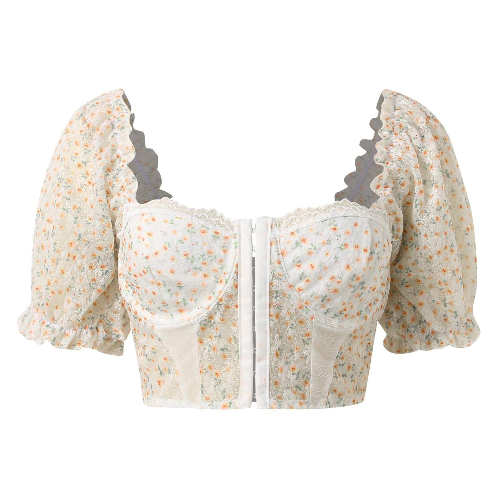 Camicetta Dirndl da donna, trasparente, bianca, elegante, con inserto in pizzo, corsetto elegante, maniche svasate, top corto avvolgente con camicetta in pizzo per lingerie