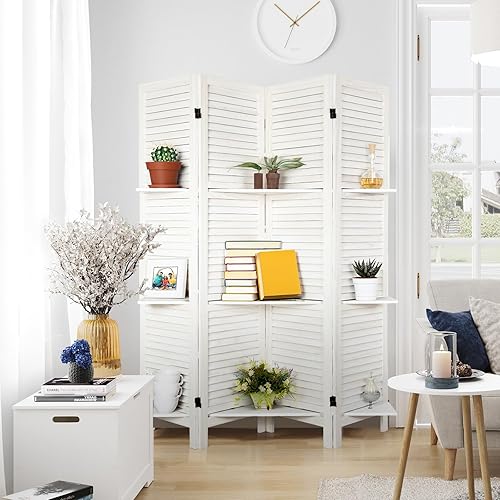 Miniatura 5 de ECOMEX Divisor de habitación con estantes, divisor de habitación blanco de 4 paneles, separadores de habitación y pantallas de privacidad plegables,