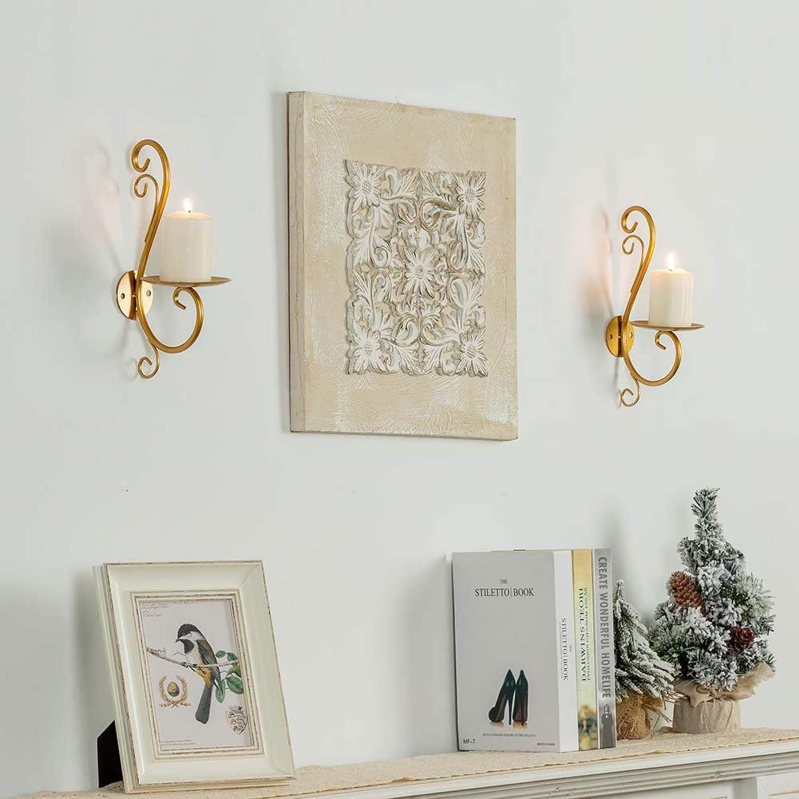 Set Mit 2 Wandmontierten Kerzenhaltern Aus Metall, Wandleuchter Aus Eisen Für Kerzen, Kerzenständer Für Stumpenkerzen Zur Dekoration Von Wohnzimmer, Schlafzimmer Und Badezimmer(Gold)