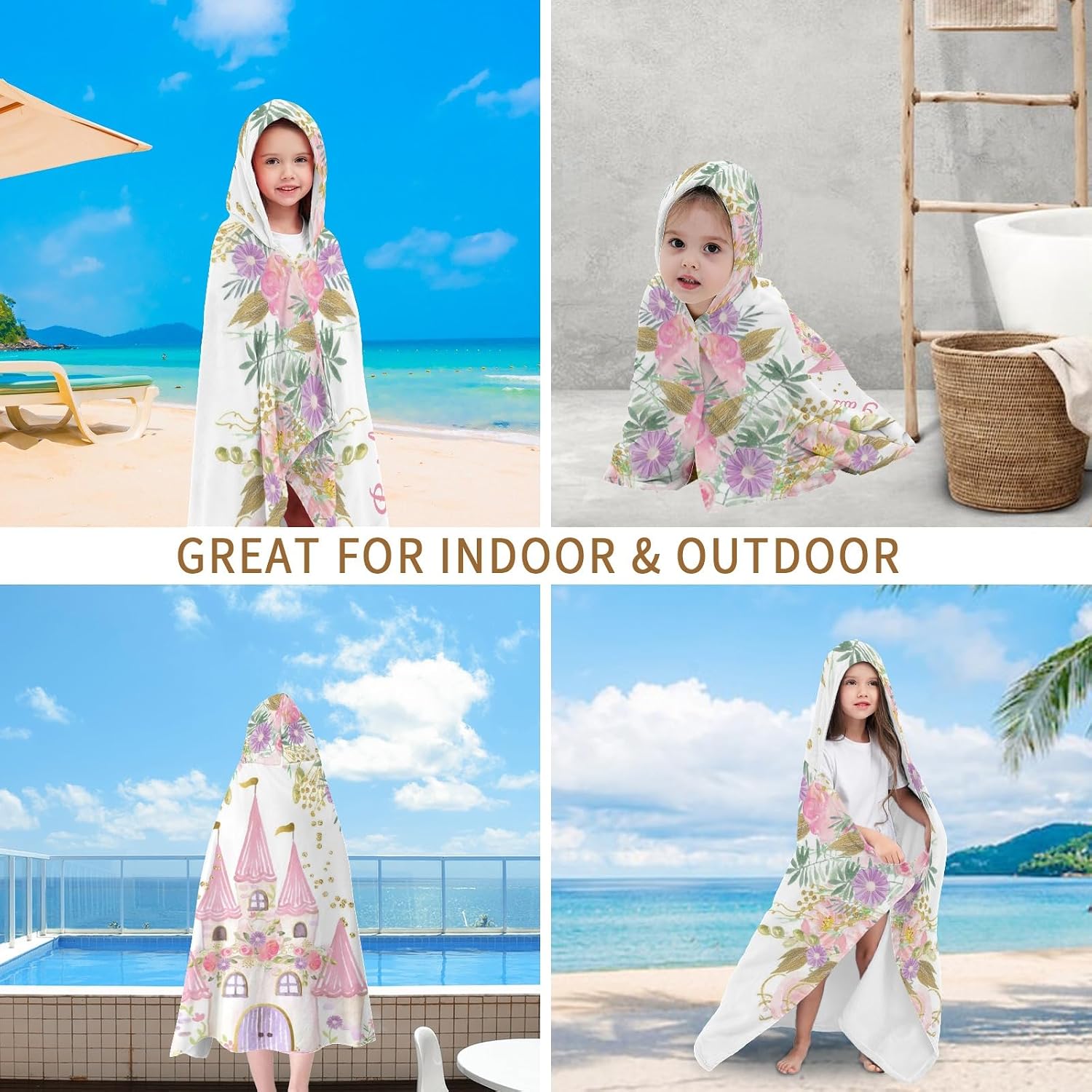 Personalized Princess Floral Castle Beach Towel with Hood for 3-12 Years Boys Girls Hooded Towels Bath Robe for Kids