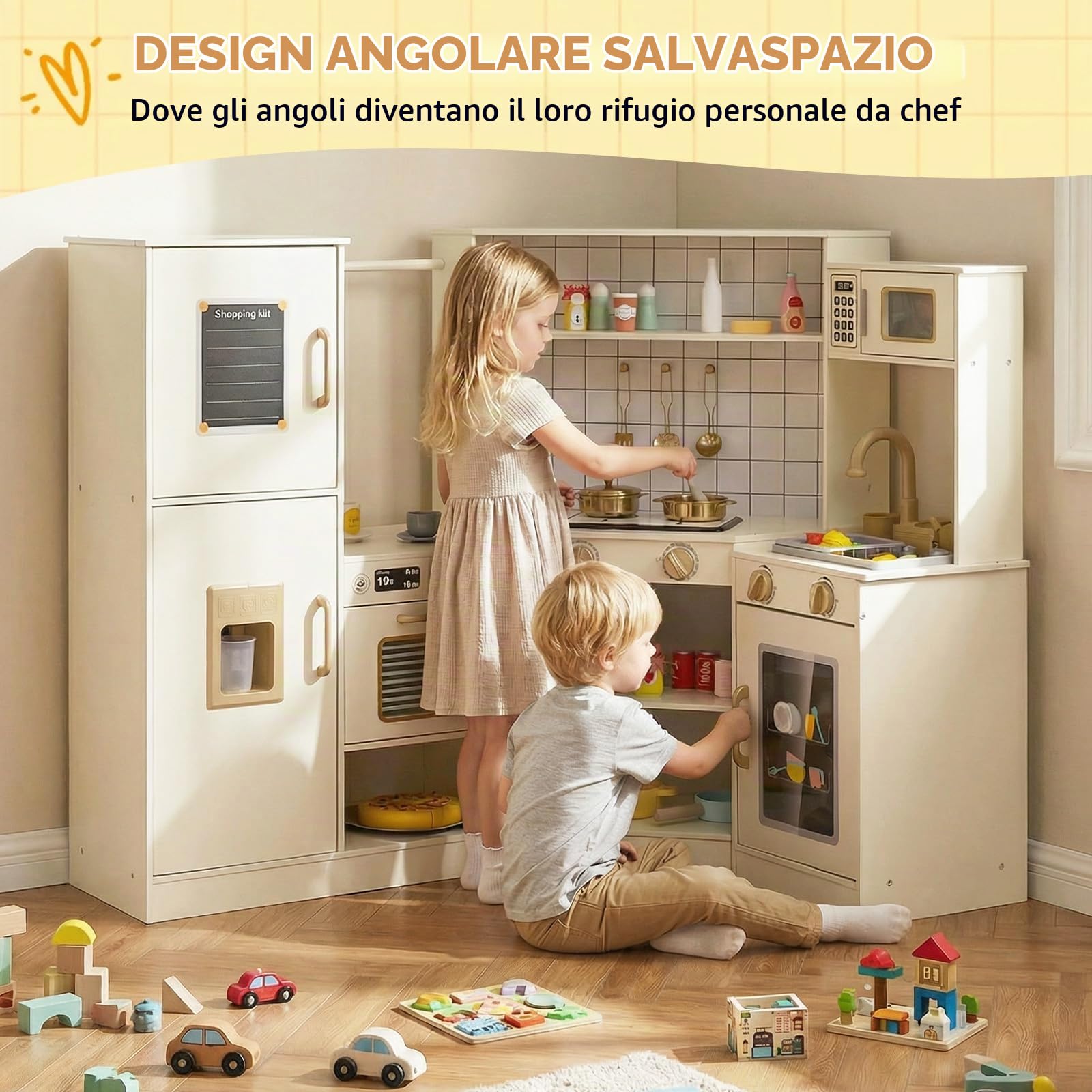 FANTASK Cucina in legno per bambini, angolo cucina giochi con rubinetto, dispenser di ghiaccio e accessori da cucina, forno a microonde, cucina giochi per bambini dai 3 anni in su