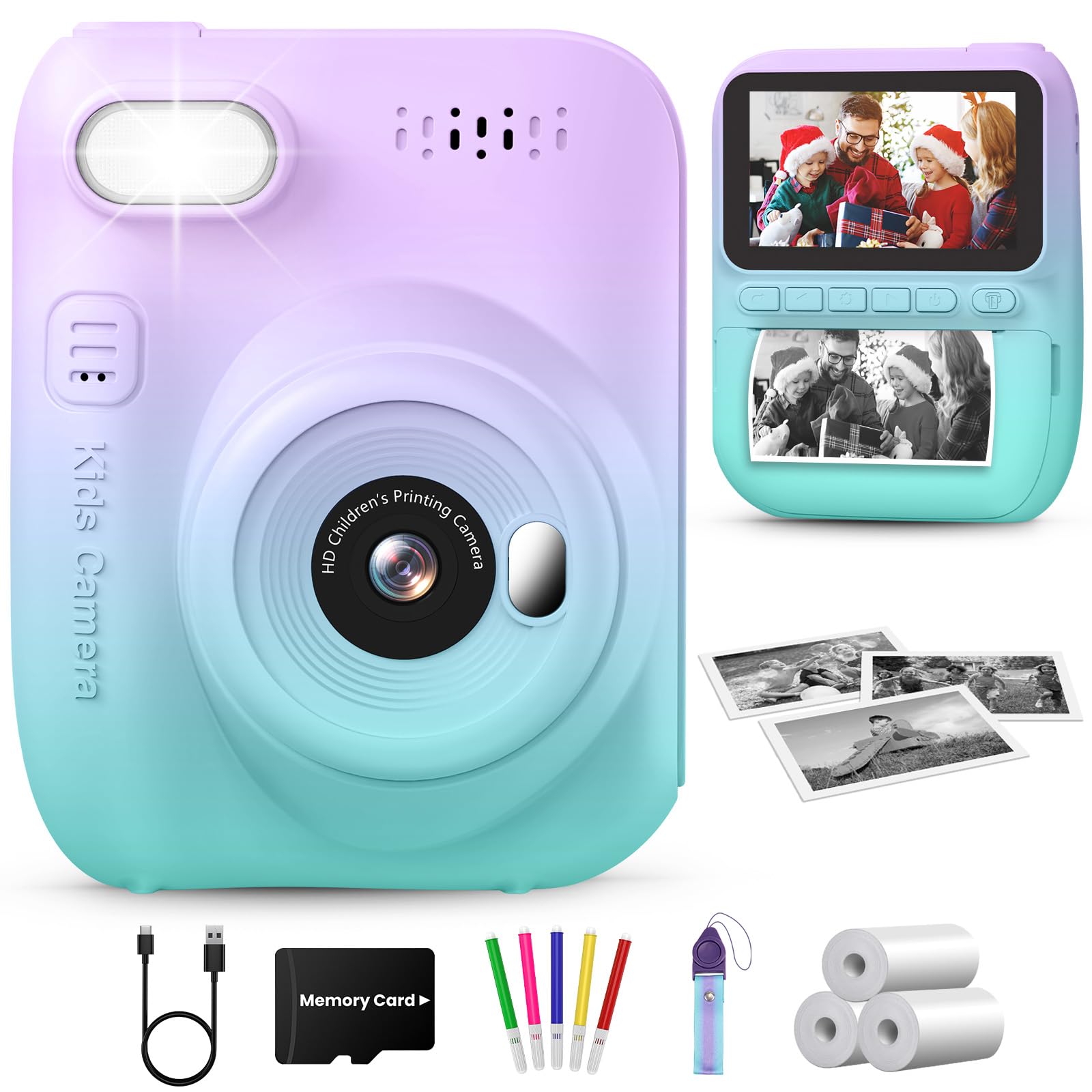 GREENKINDER Macchina Fotografica Bambini Istantanea,3,0 Pollici 14MP Fotocamera Istantanea Bambini Scheda Memoria,1080P Fotocamera Digital per Bambini,Giocattolo Regalo Natale per Bambino da 3-12 Anni