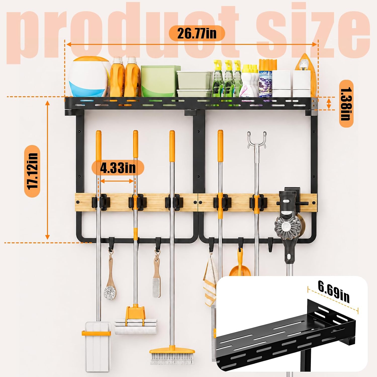 Large Broom Holder Wall Mount with Shelf, 5 Grippers and 6 Hooks | 26.8 in wide top storage, raised guardrails, side vacuum holder, metal frame, bamboo panels, laundry room and garage use