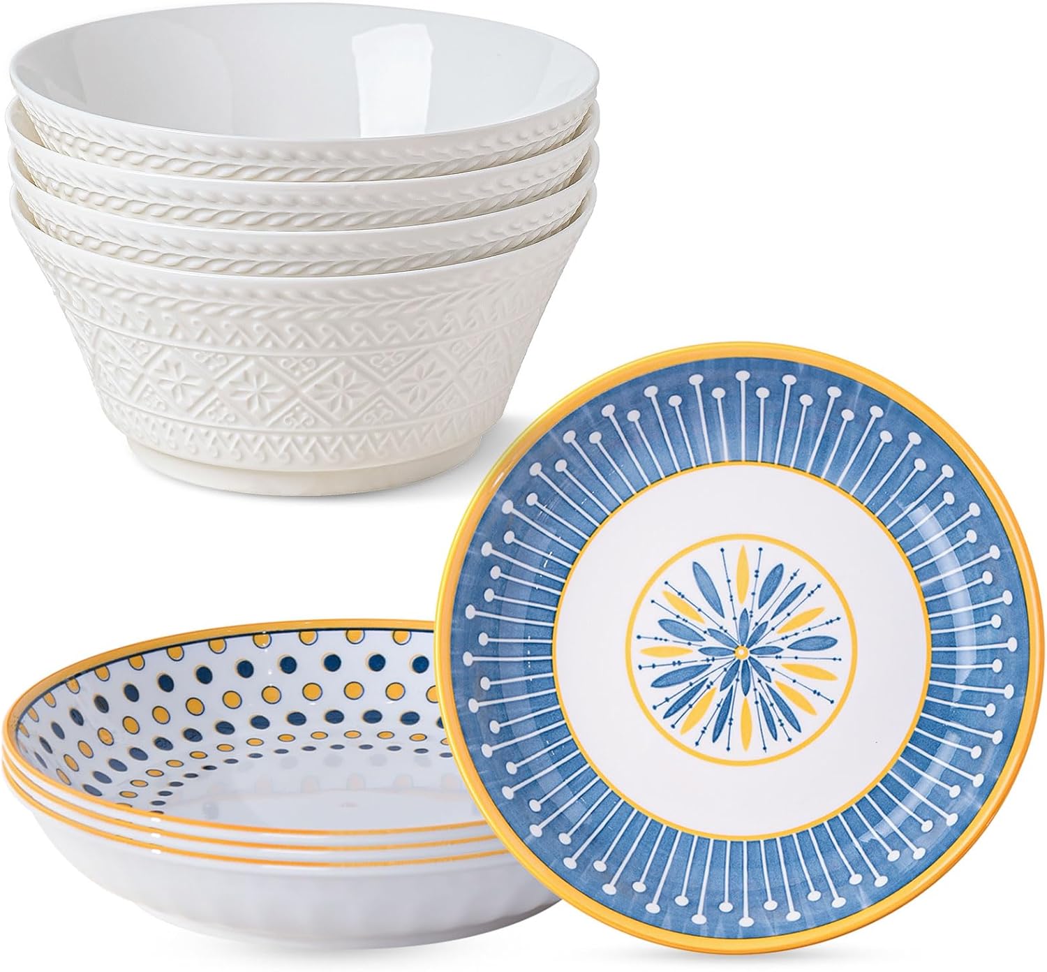 Yeacccng Bundle-2 items Pasta Bowls Set of 4, Deep Soup Bowls Set of 4, Scratch-Resistant, Lead-Free, Dishwasher & Microwave Safe, Easy Clean