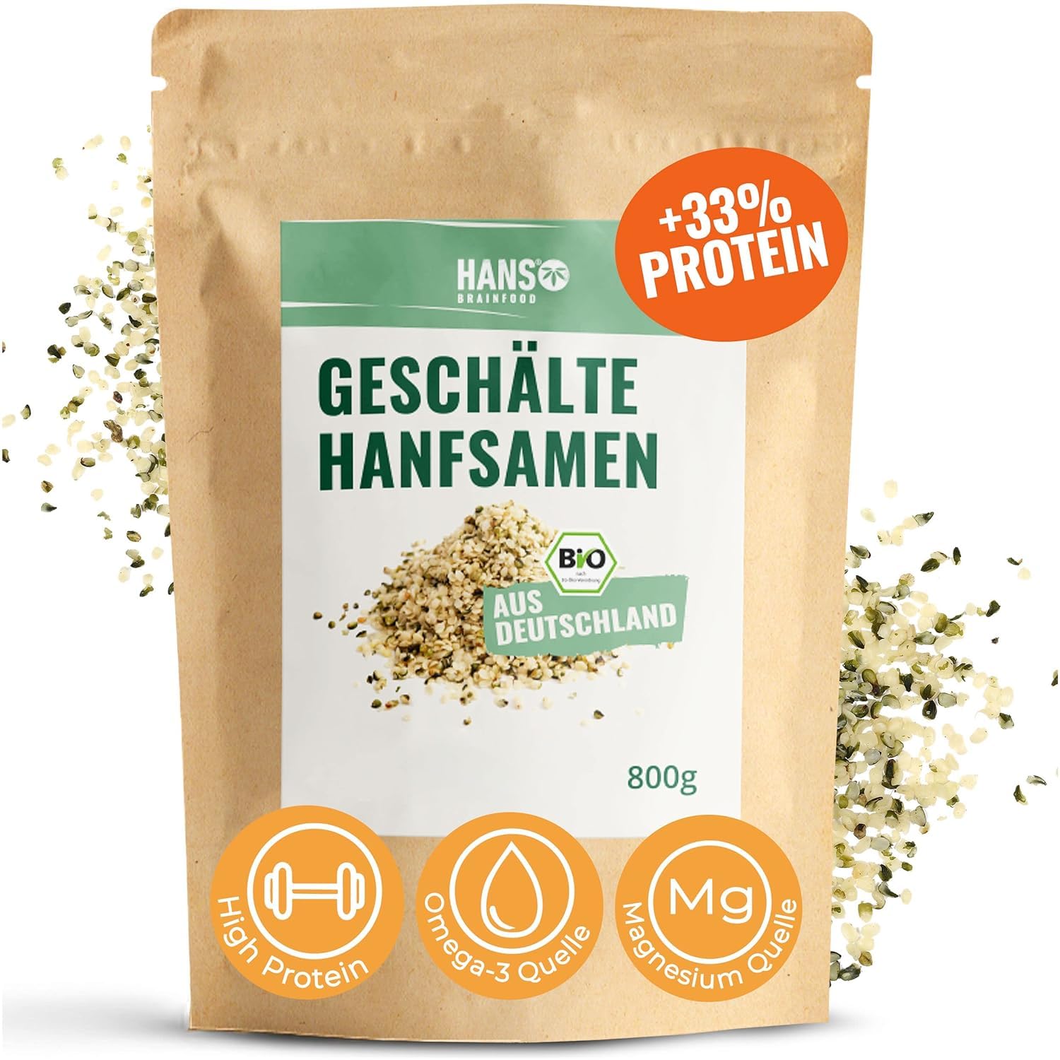 HANS Brainfood Bio Hanfsamen geschält - High Protein - Natürliche Omega 3 und Magnesium Quelle ohne Zusatzstoffe | Superfood vegan aus Bayern | Hanfprotein mit Eisen und Vitamin E | 3x 800g