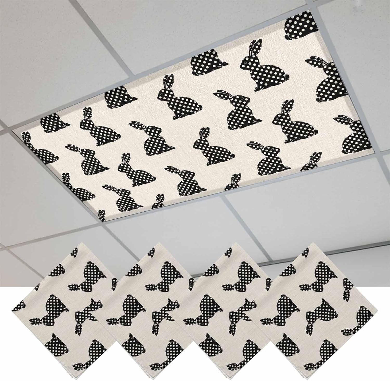 2x4 ft Fluorescent Light Cover for Ceiling Easter Rabbit Polka Dot Bunny Magnetic Light Filters, Abstract Retro Linen Texture Ceiling Lampshades for Home School Office 4Pcs