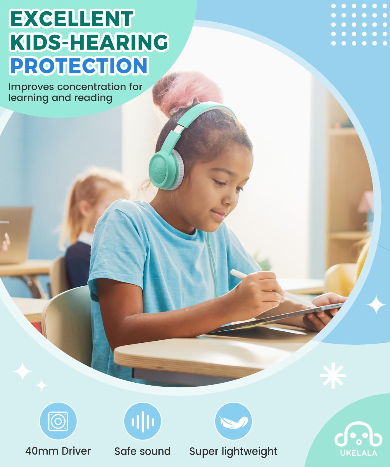 UKELALA C3 - Auriculares con cable para niños, auriculares con cable para niños y niñas con conector de 3.5 mm, plegable, diadema ajustable, auriculares para niños, para escuela, hogar, avión,
