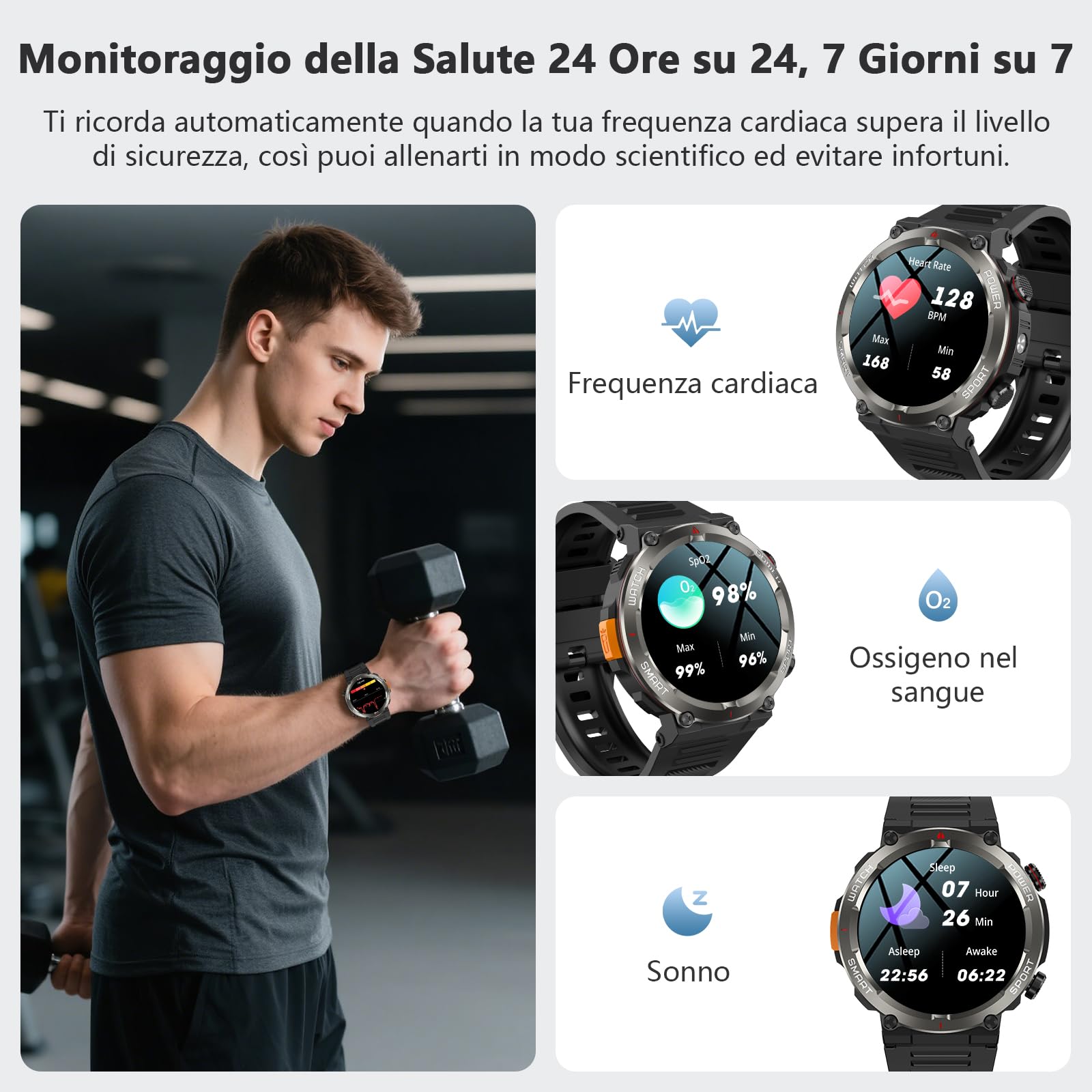 IOWODO Smartwatch Uomo, 1.45" Militari Orologio Intelligente con Torcia Bussola, Batteria 960mAh, IP68 Impermeabile, Orologio Fitness con Chiamate Bluetooth, Cardiofrequenzimetro Sonno, Android iOS