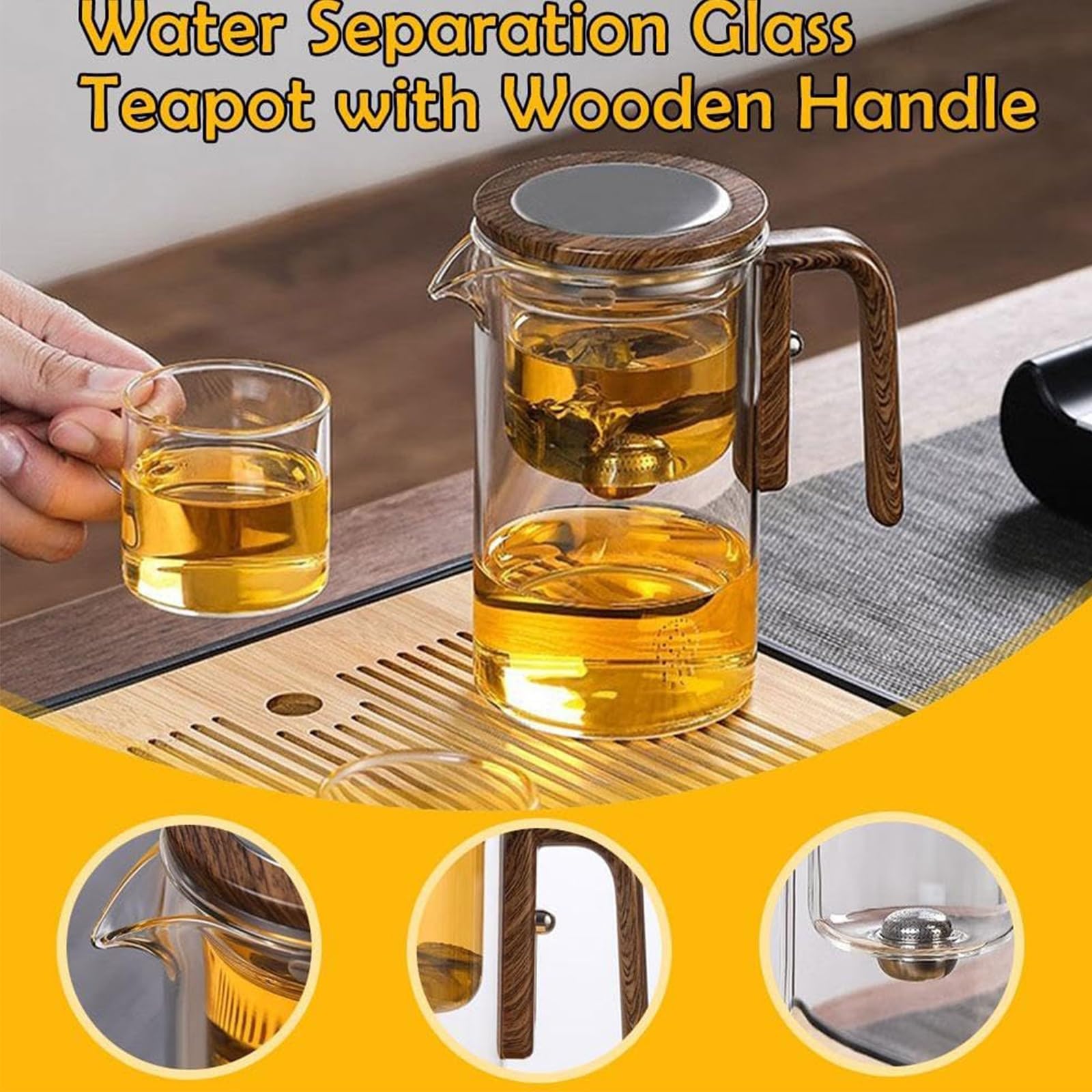 Hexerei-Teekanne, verzauberte Teekanne mit Drucksteuerung, magische Teekanne mit Sieb, 2-in-1-magische Teekanne for losen Tee, Hexenglas-Teekanne, magische Teekanne aus Glas mit Holzgriff(520ml: 15.5*