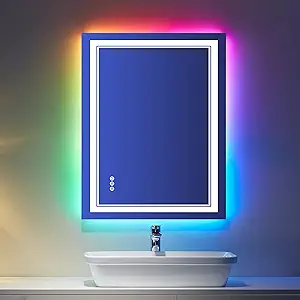 28x36 inch LED Bathroom Mirror RGB Color Changing Backlit Mirror Shatterproof Dimmable Anti-Fog Vanity Mirror with Double Lights (RGB Multicolor Backlit + Adjustable Front-Lighted)