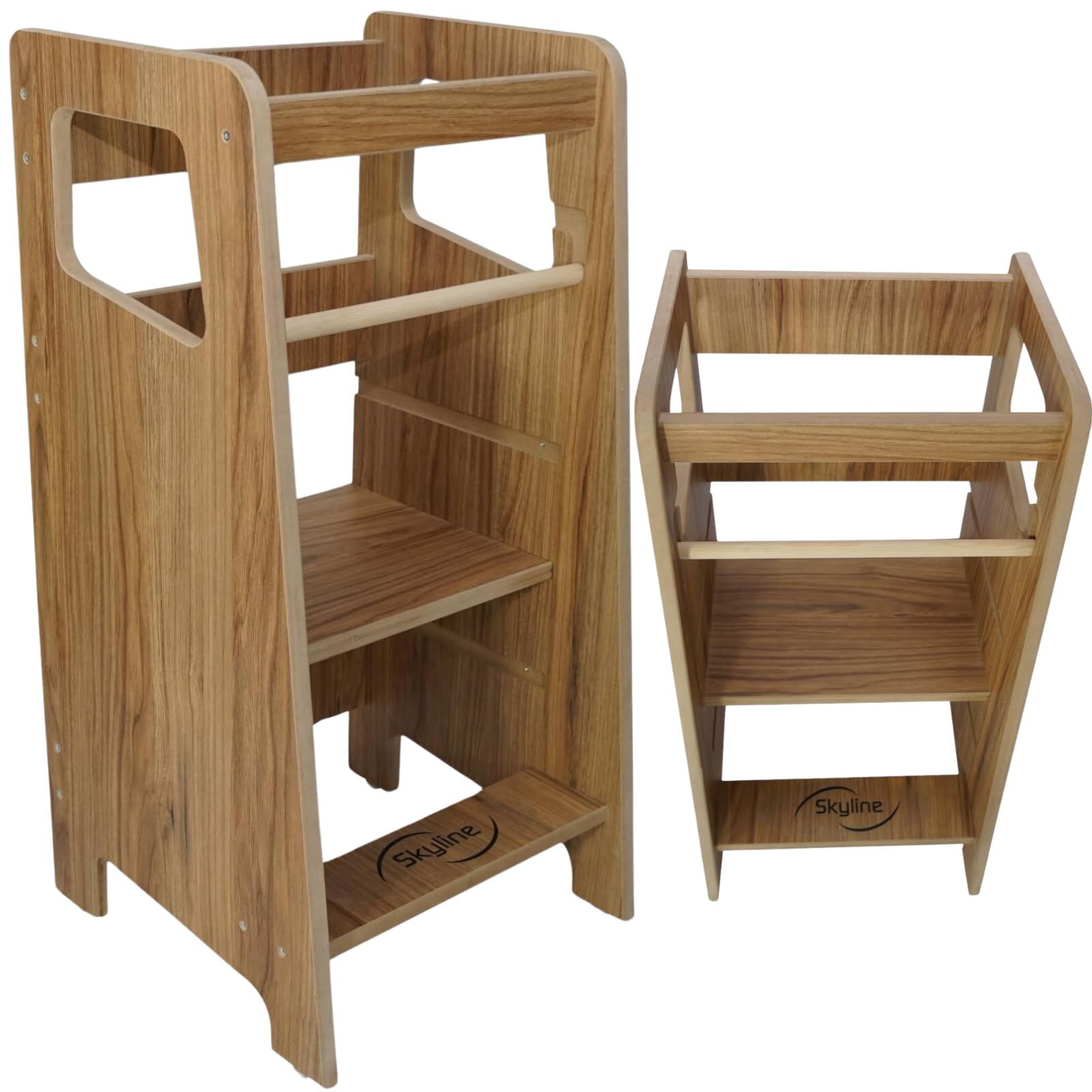 Skyline Steh und Lernturm Baby ab 1 Jahr Montessori Learning Tower Höhenverstellbar Tritthocker Kinder Indoor Möbel Kinderzimmer Trittschemel Kitchen Helper Hochstuhl Faltbarer Braun Holzimitat