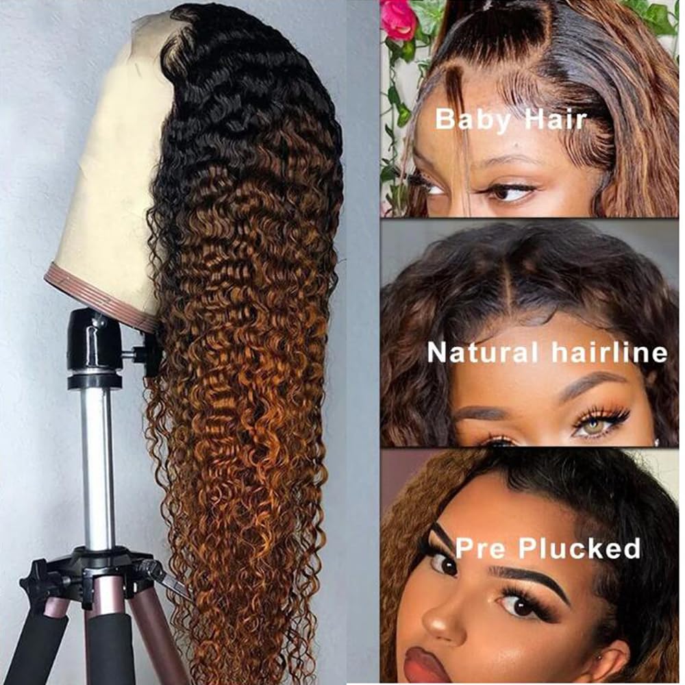 Weeybay 4x4 Curly Lace Front Wigs 1B/30 Black Root Light Brown Human Hair Wig 8A Glueless Baby Hair Ombre Brown Color for Women 26 Inch - Image 3