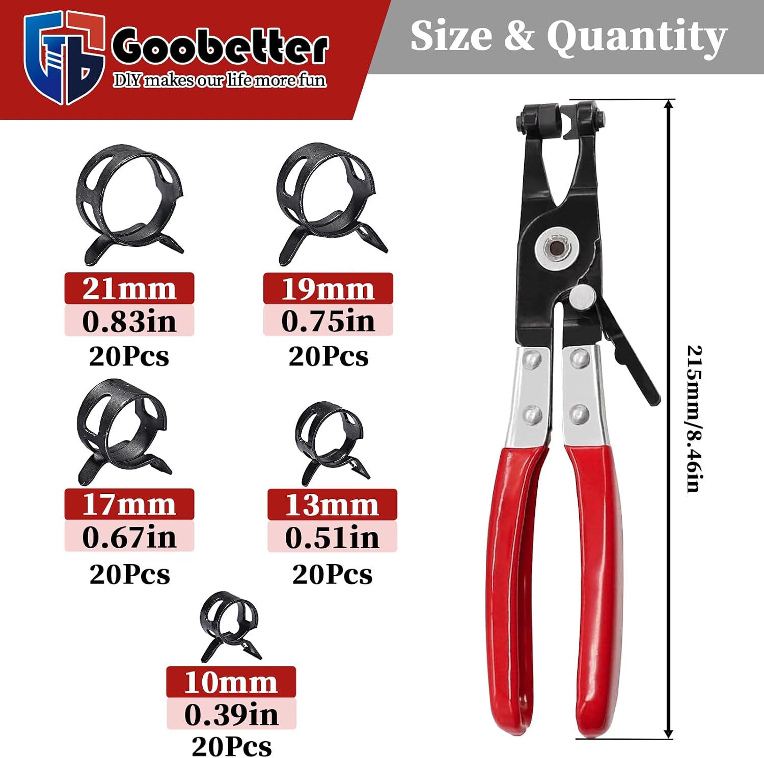 100Pcs Spring Hose Clamps 10-21mm 5 Sizes, Fuel Line Water Pipe Air Tube Silicone Vacuum Clamp with Pliers, Low Pressure Durable Fastener for Automotive & Plumbing