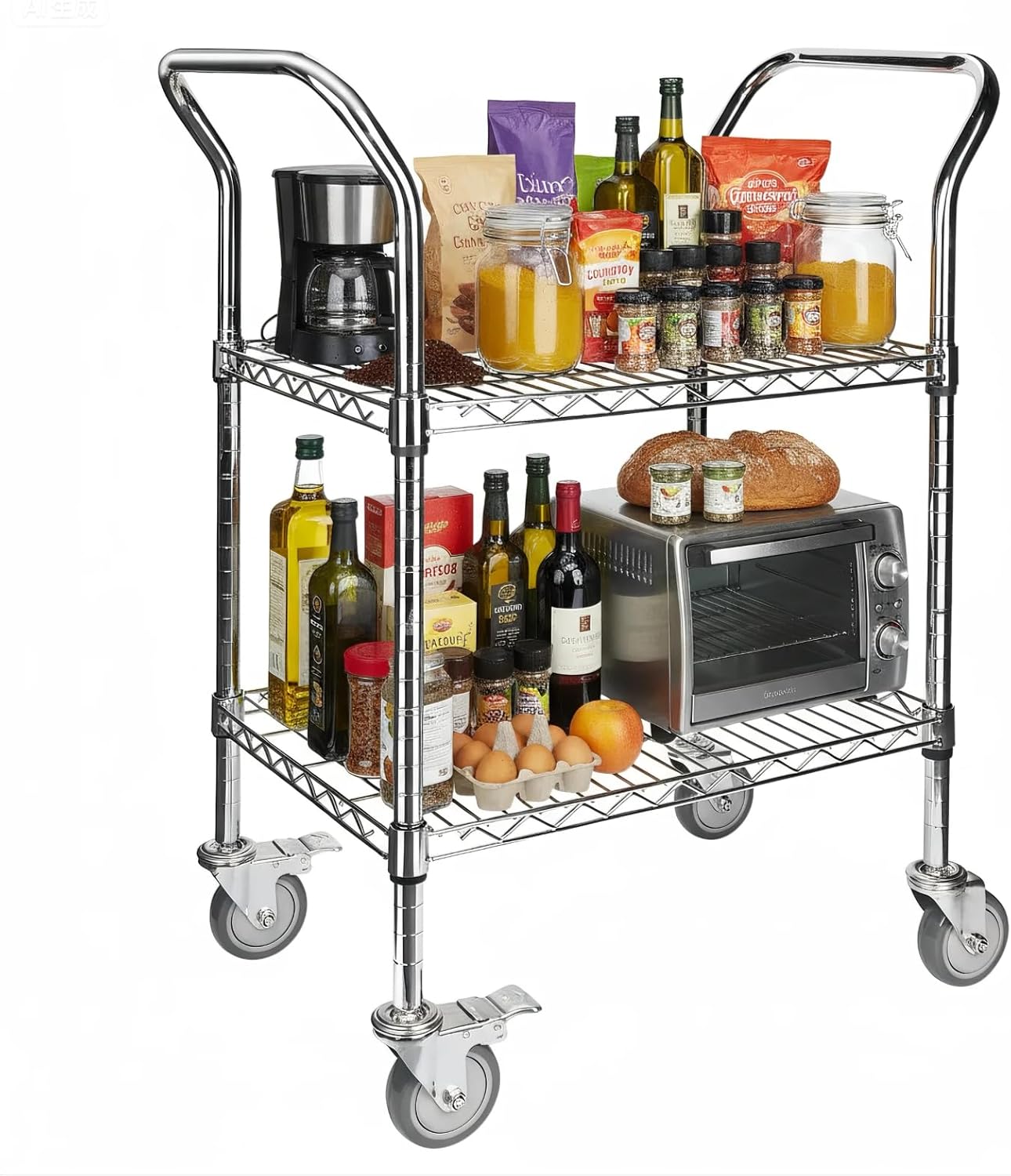 Northsky 2-Shelf Wire Utility Cart on Wheels, Chrome Finish Rolling Metal Shelving with Wheels, 550lb Capacity, 24" x 18" x 38", 2 Tier Rolling Cart for Kitchen Bar Storage Use