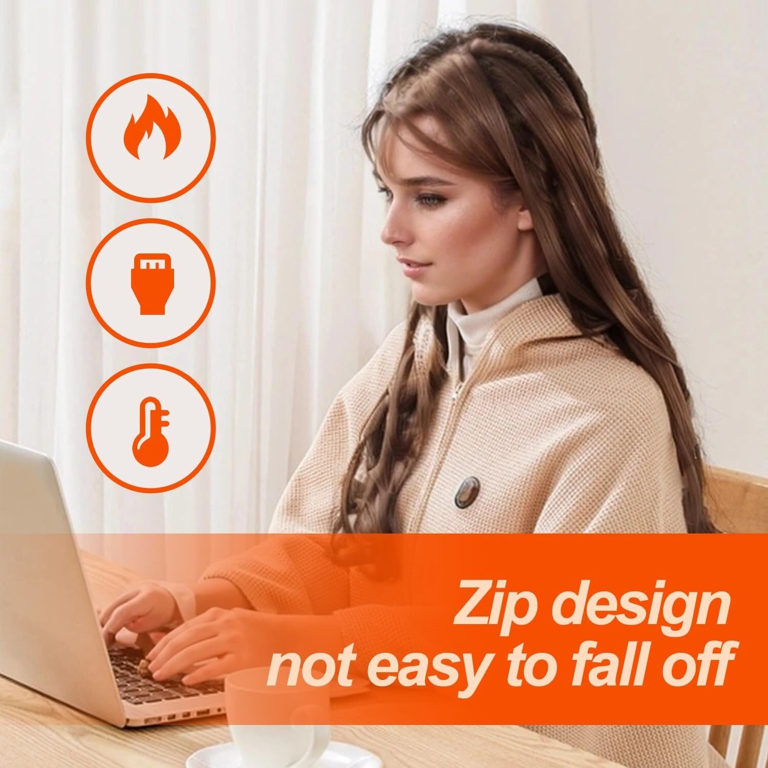 Châle chauffant portable, couverture chauffante USB portable for femme, avec 3 niveaux de chauffage, chauffage rapide en 15 secondes, châle chauffant portable à fermeture éclair douce for femme(Green)