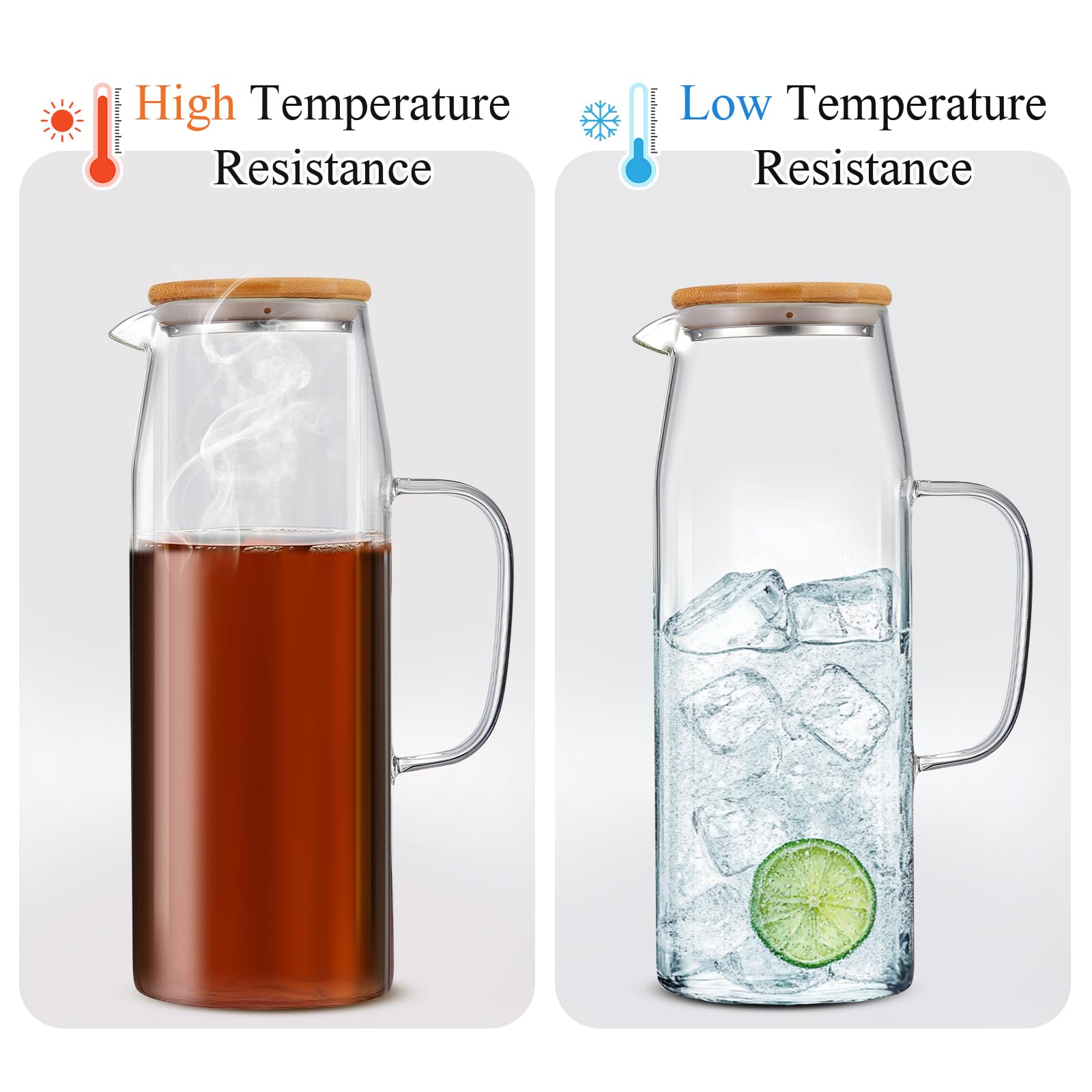 Hsei Set di 2 brocche in vetro con coperchio, 2000 ml, caraffa per acqua calda e fredda, brocca in vetro per tè, succo, latte, caffè, bevande ghiacciate (2 l)